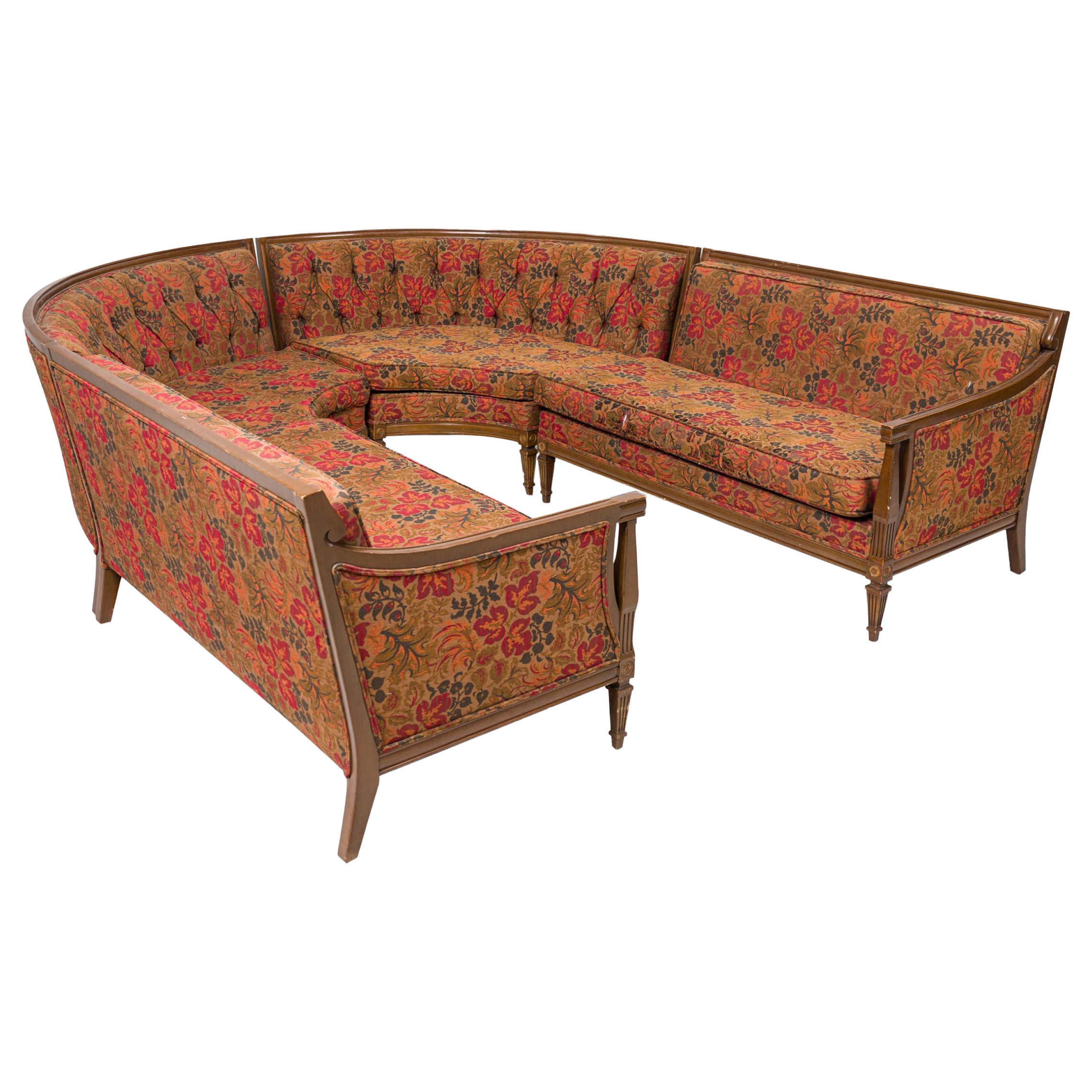 Mid-Century American 4-Piece Walnut and Floral Fabric Upholstered Sectional Sofa For Sale