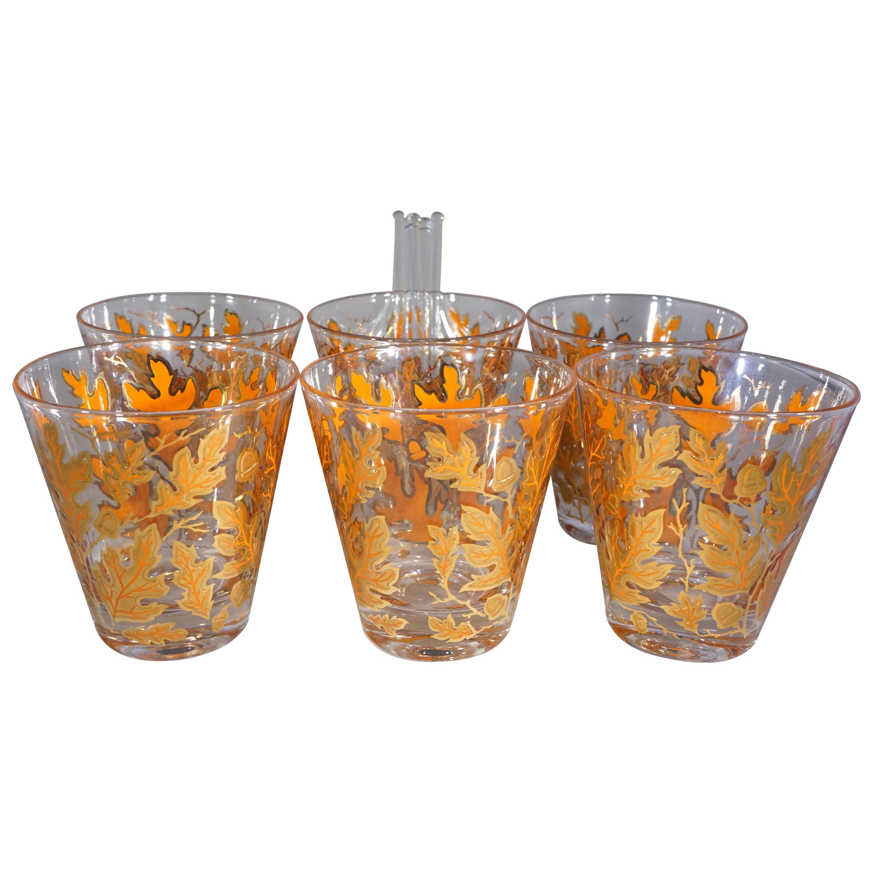 Midcentury American 6-Piece Autumn Leaves Glassware Set by Culver