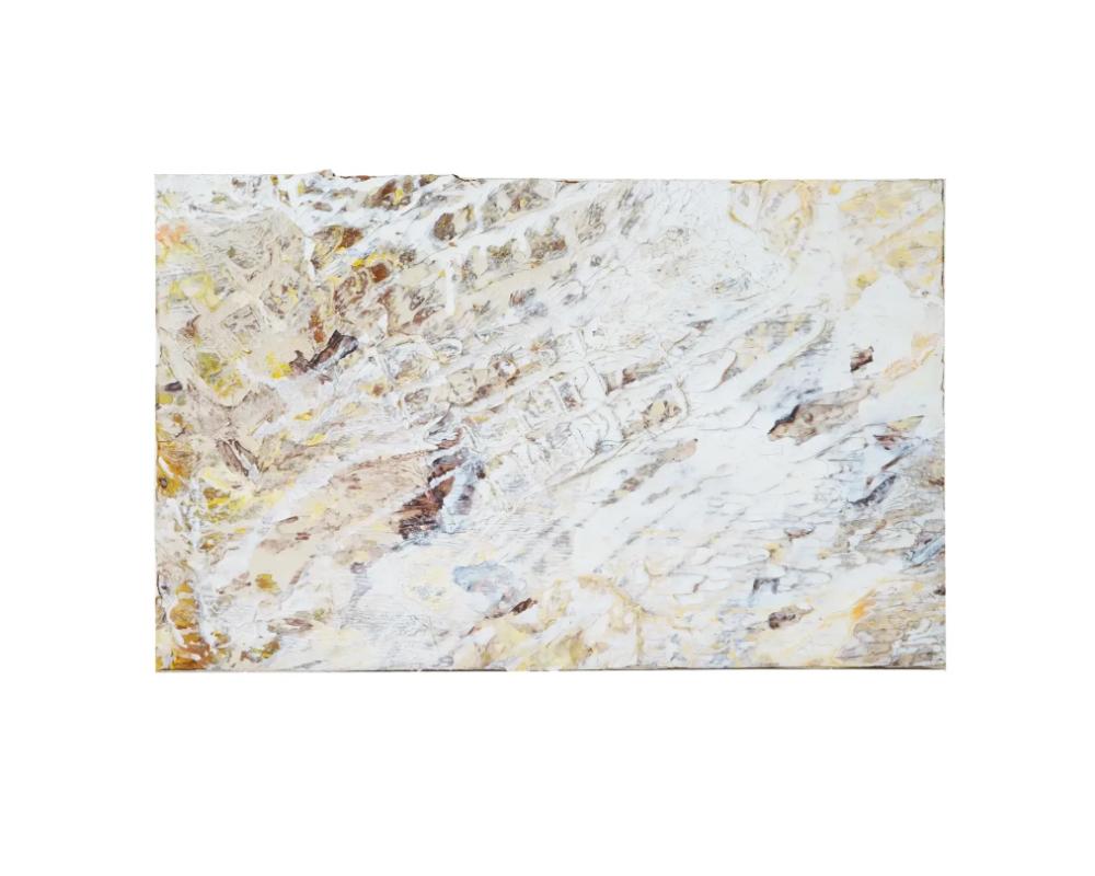 Acrylic on canvas painting. American, mid-20th century. Abstract composition in white, brown, and yellow colors. Impasto technique. Unsigned. Collectible Modernist Fine Art And Wall Decor For Interior Design.

Dimensions: Image 20 1/4 x 12 1/4 in.