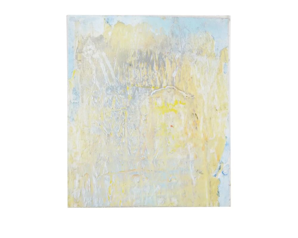 Quadro in acrilico su tela. Americano, metà del XX secolo. Composizione astratta nei colori grigio, blu e giallo. Tecnica dell'impasto. Senza segno. Belle arti e decorazioni da parete moderniste da collezione per l'interior design.

Dimensioni: