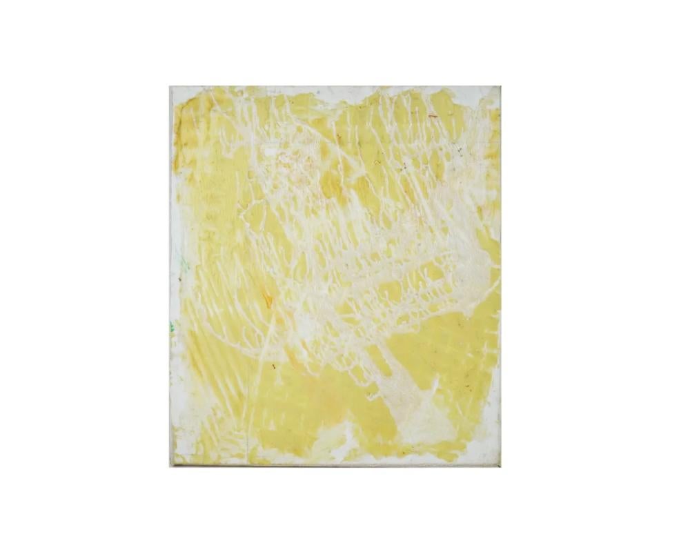Quadro in acrilico su tela. Americano, metà del XX secolo. Composizione astratta nei colori bianco e giallo. Tecnica dell'impasto. Senza segno. Belle arti e decorazioni da parete moderniste da collezione per l'interior design.

Dimensioni: Immagine