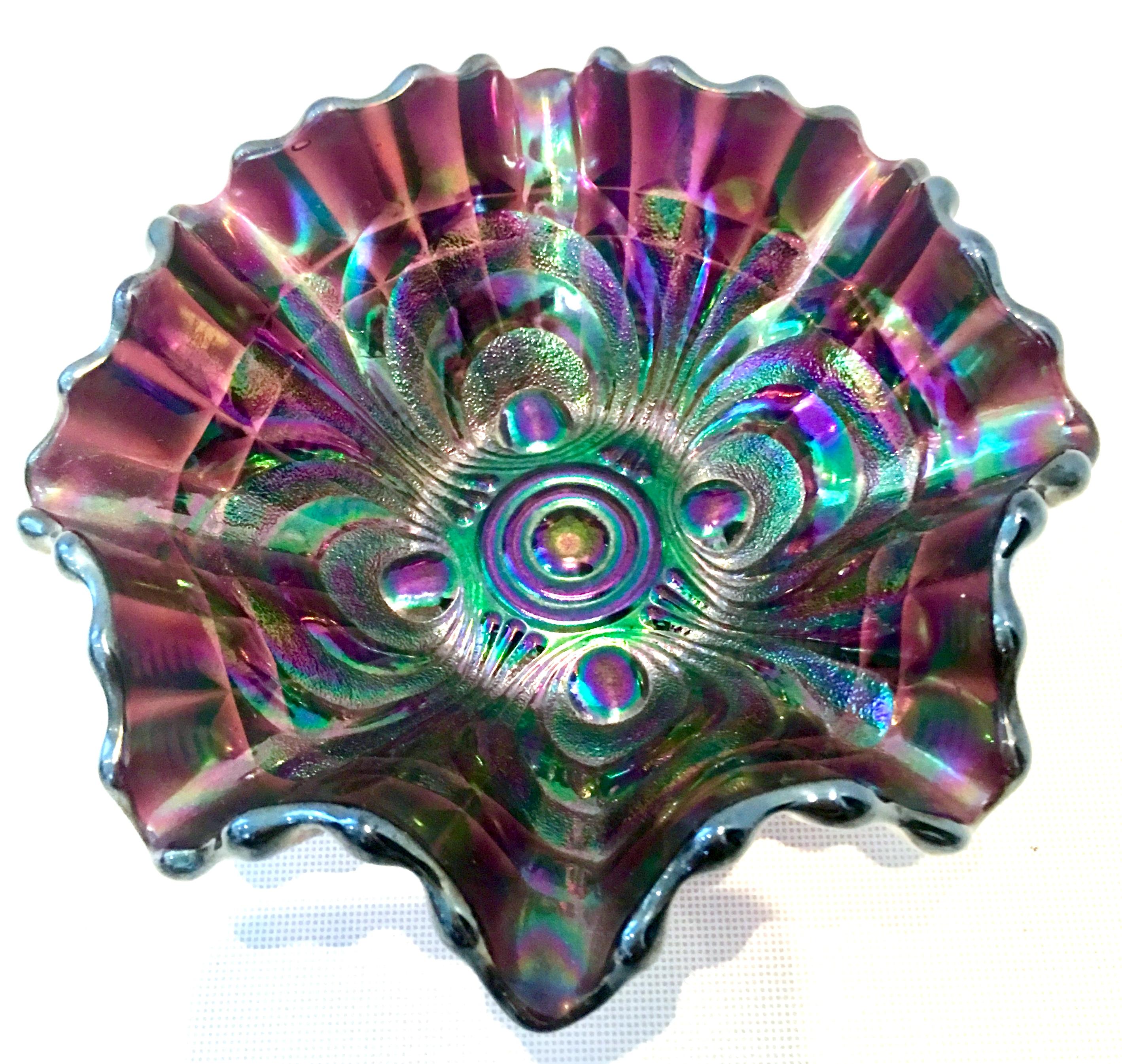 Midcentury American Art Nouveau iridescent art glass bowls set of three pieces. This trio of American iridescent amethyst art glass bowls includes, one footed bowl, one square bowl and one ruffled round bowl. The square bowl is marked on the
