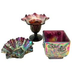Midcentury American Art Nouveau Iridescent Art Glass Bowls Set of Three Pieces