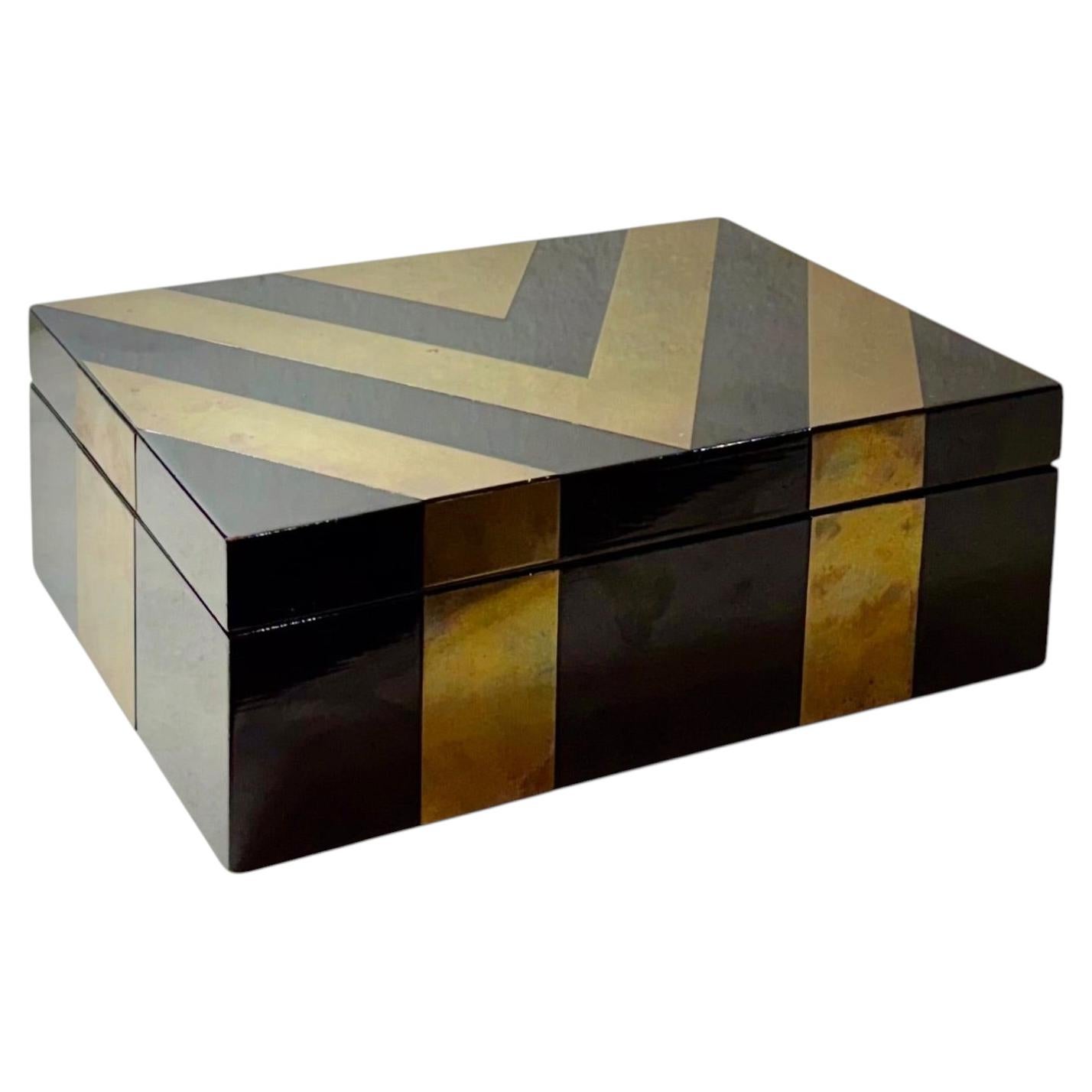 Mid Century American Black Lacquer Box with Brass Inlay