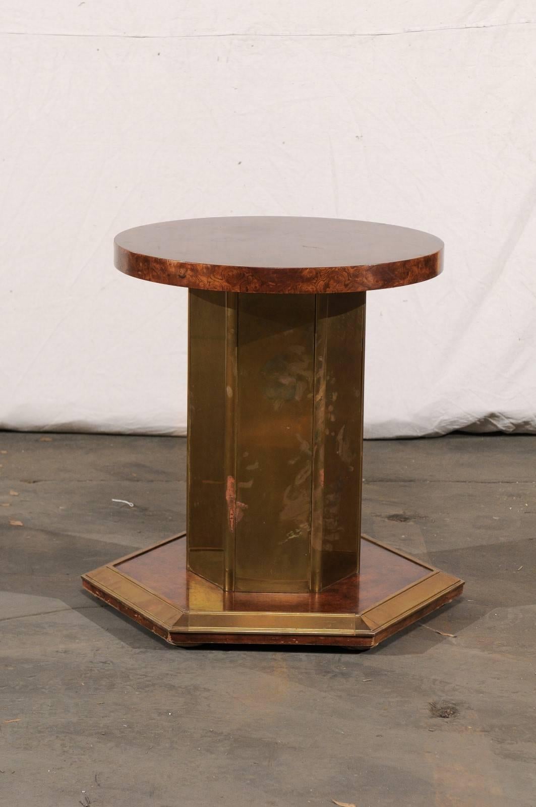 Mid-20th Century American Brass & Burled Wood Pedestal Round Glass Dining Table 5