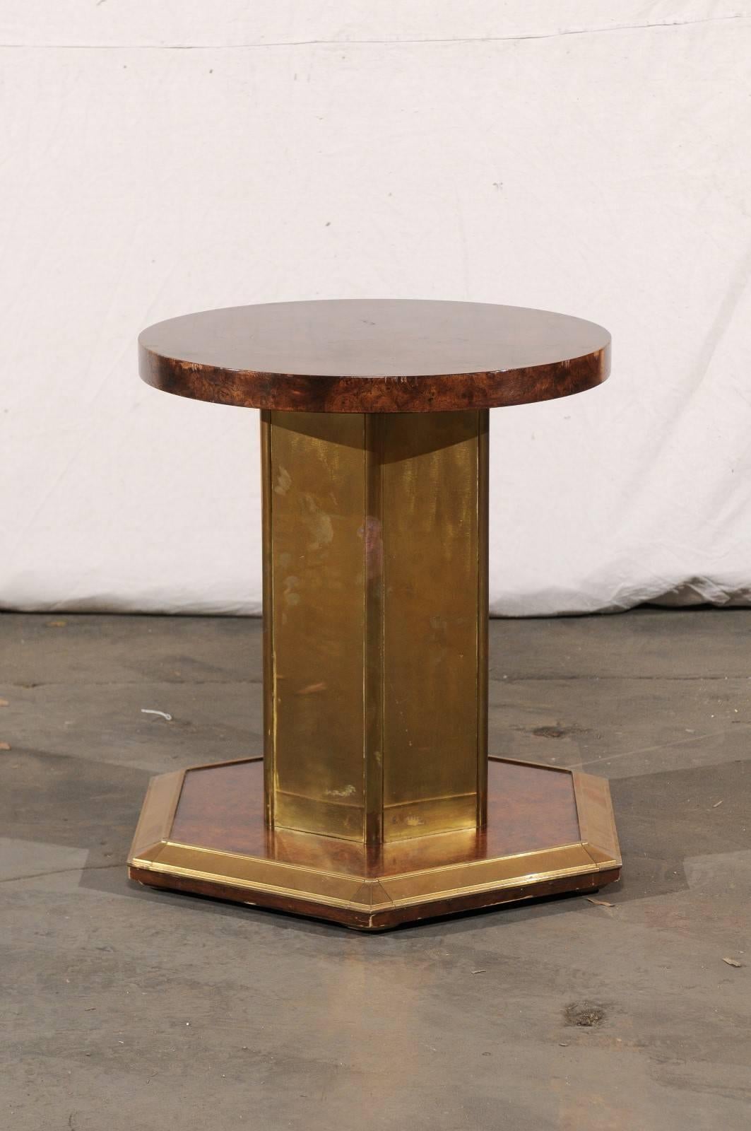 Mid-20th Century American Brass & Burled Wood Pedestal Round Glass Dining Table 7