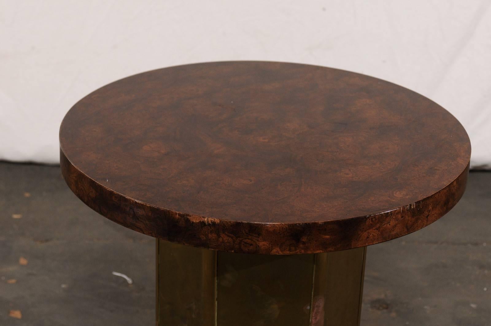 Mid-20th Century American Brass & Burled Wood Pedestal Round Glass Dining Table 2