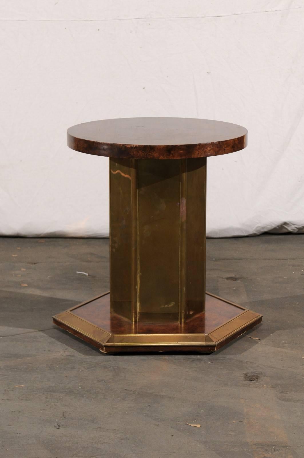 Mid-20th Century American Brass & Burled Wood Pedestal Round Glass Dining Table 3