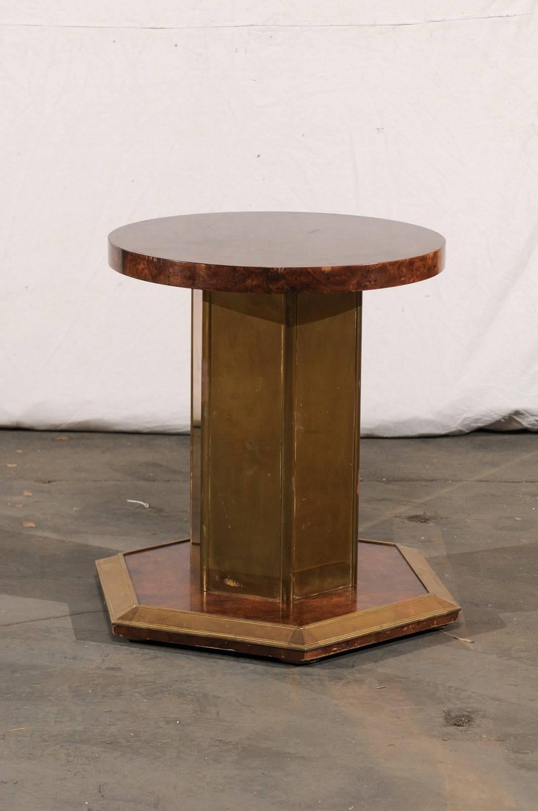 Mid-20th Century American Brass & Burled Wood Pedestal Round Glass Dining Table 4