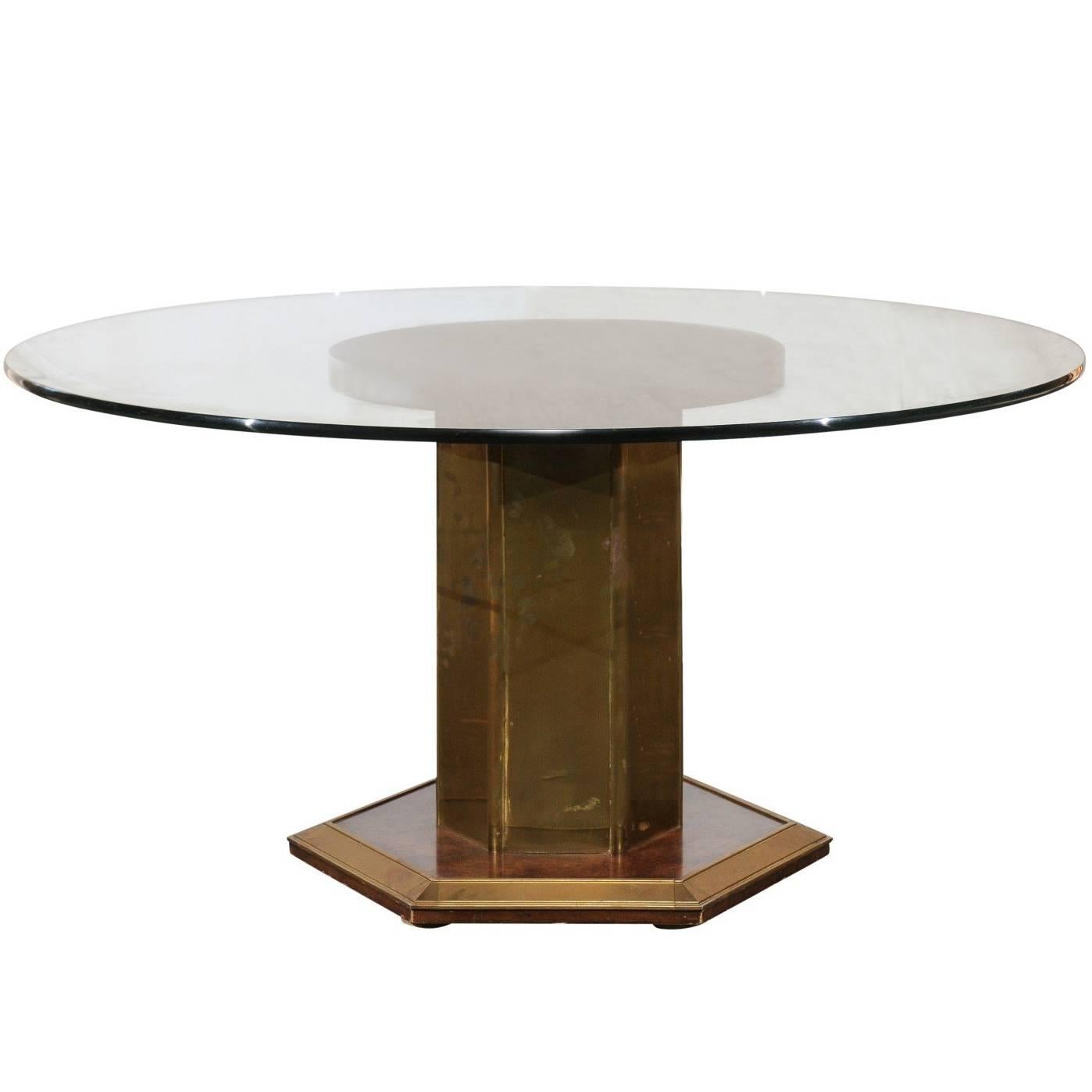 Mid-20th Century American Brass & Burled Wood Pedestal Round Glass Dining Table