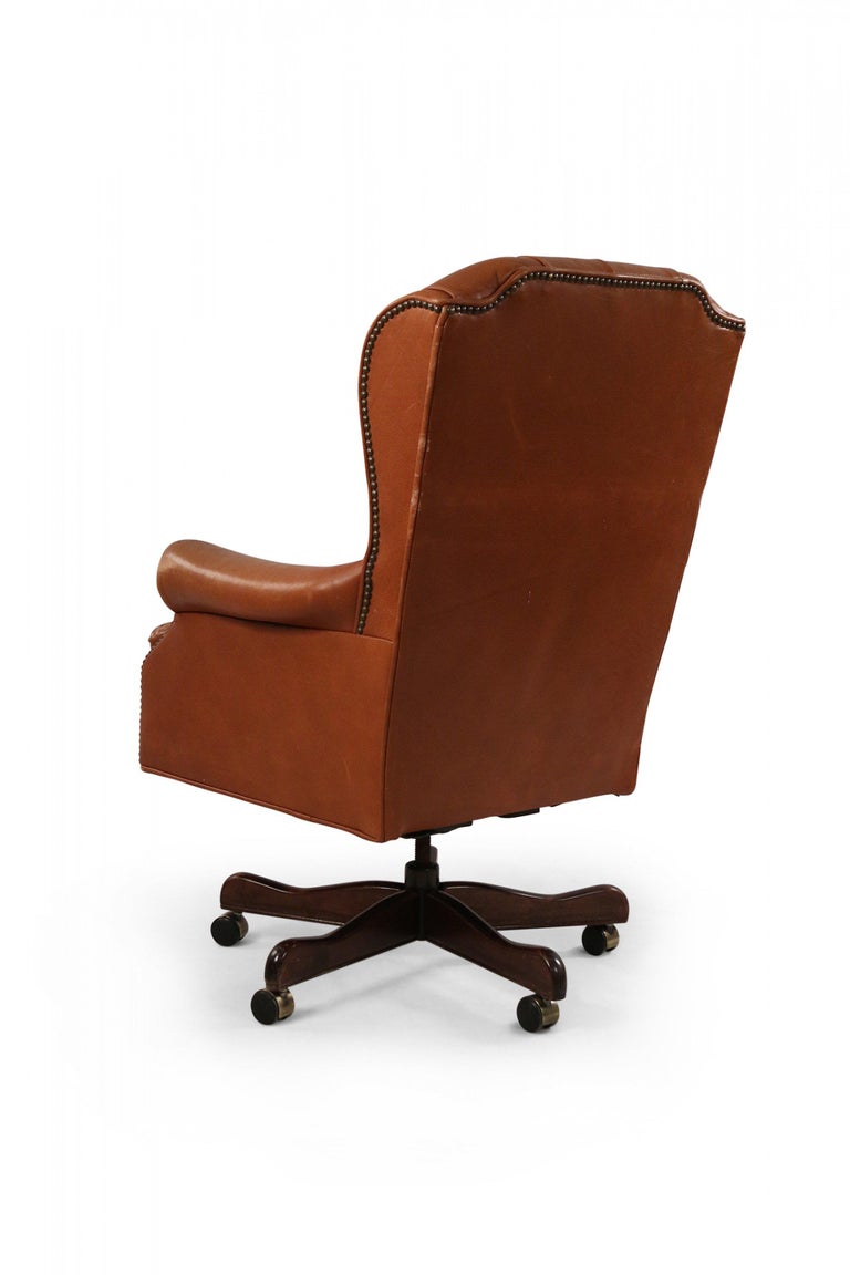 MidCentury American Brown Tufted Leather Swivel Office / Armchair For
