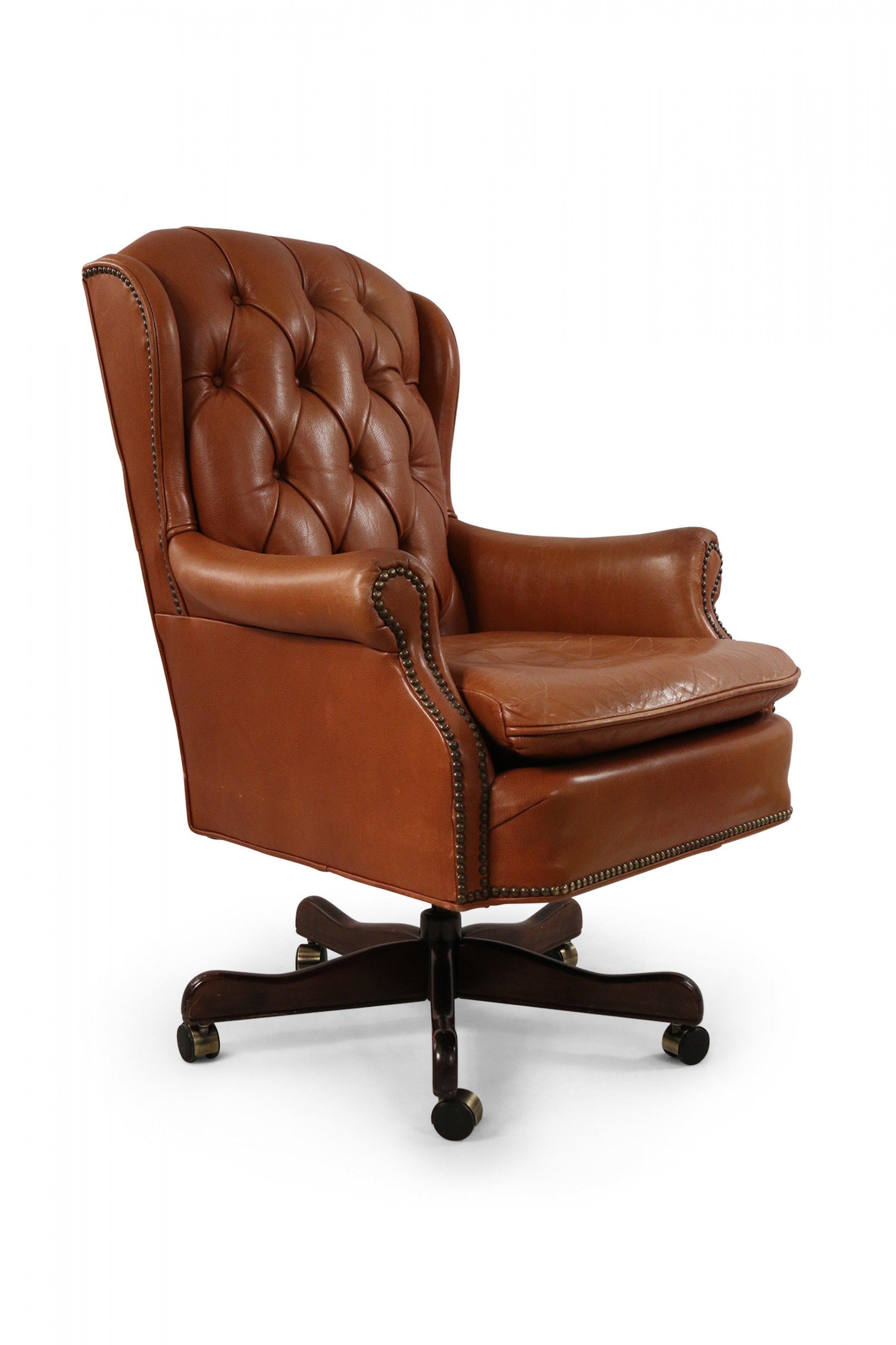 Mid-Century American Brown Tufted Leather Swivel Office / Armchair For Sale 12
