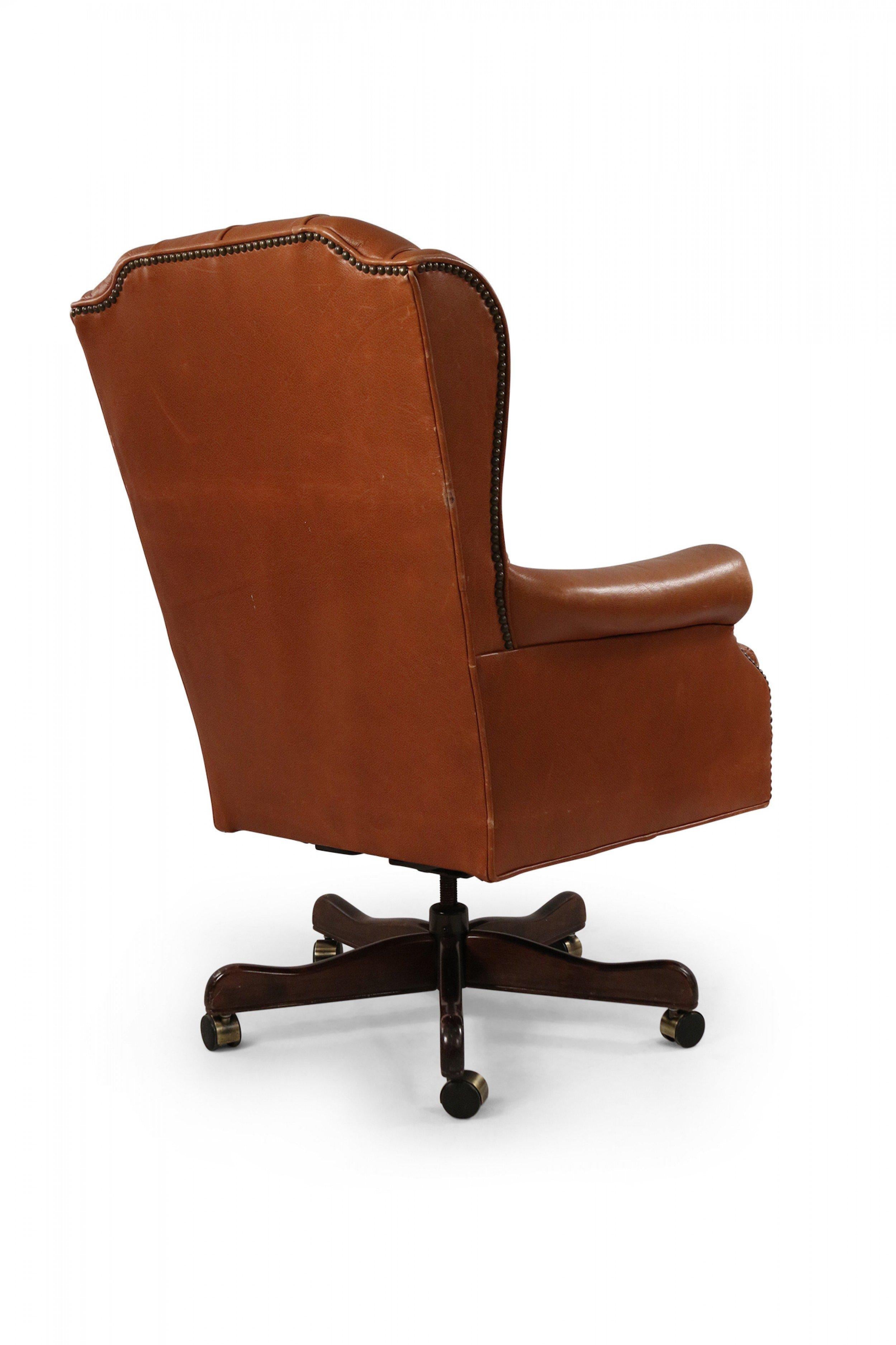 20th Century Mid-Century American Brown Tufted Leather Swivel Office / Armchair For Sale