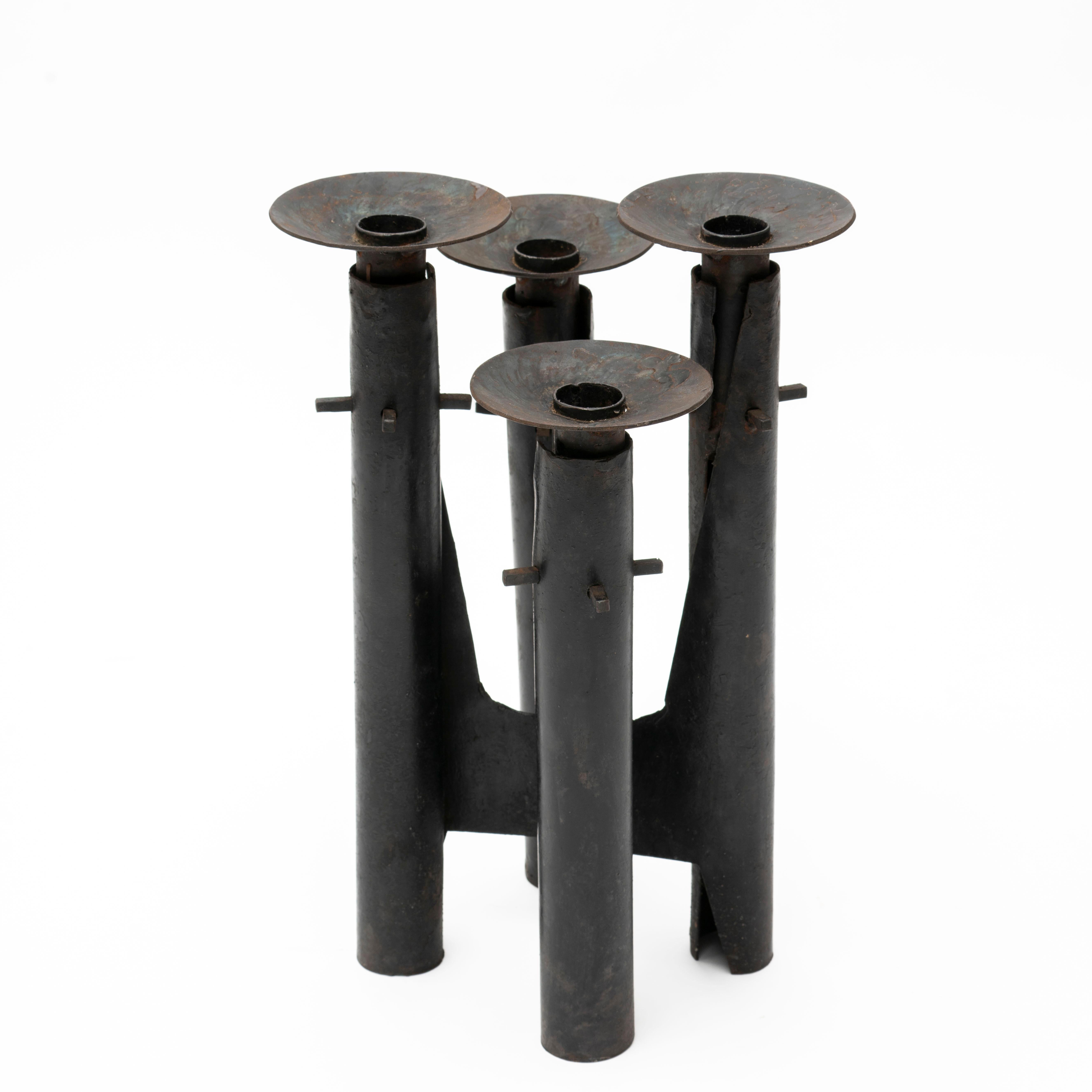 Turned Mid Century american brutalist welded metal candelabrum