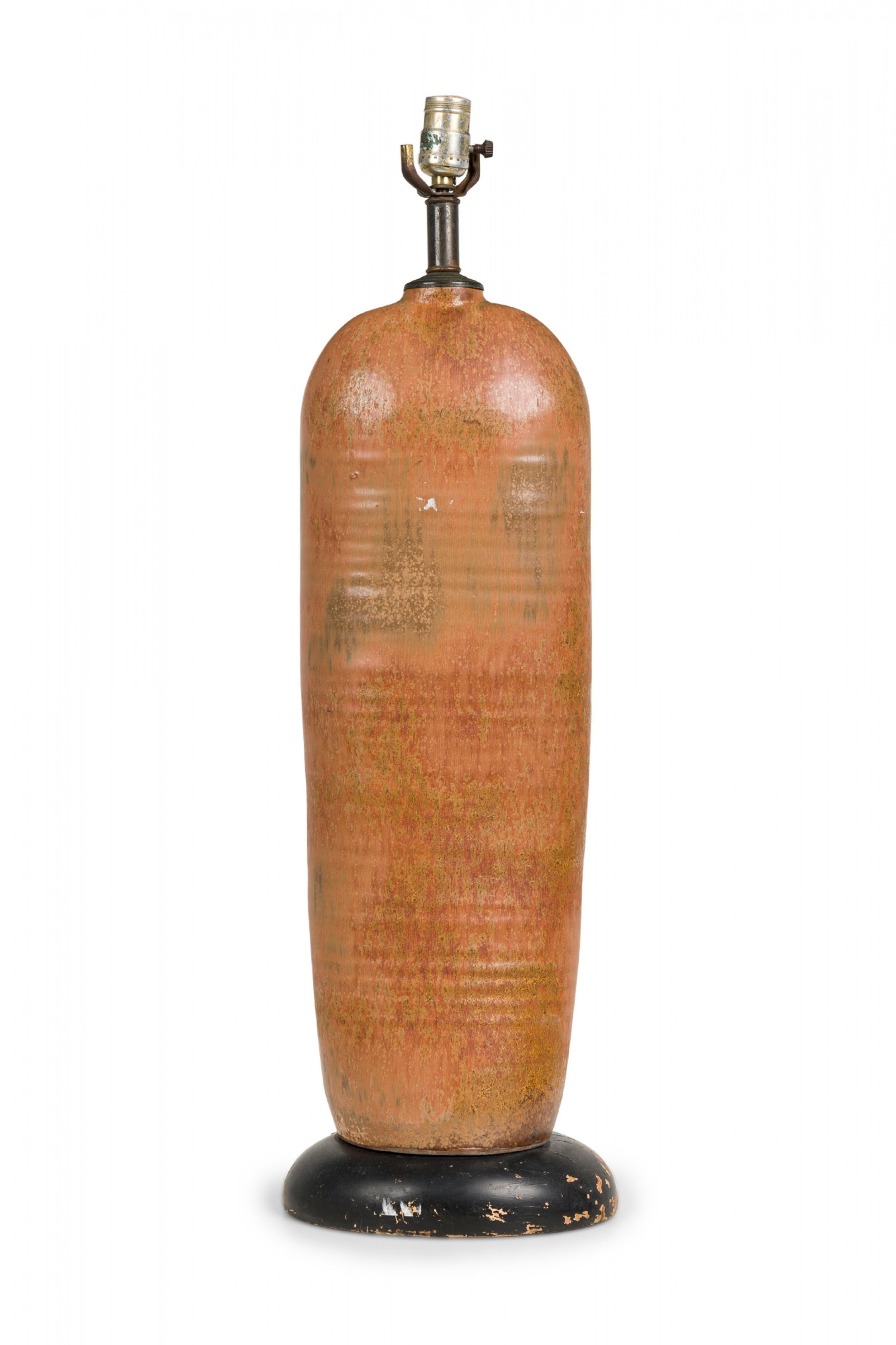 Painted Midcentury American Ceramic Earth Tone Glazed Tall Bottle Form Table Lamp For Sale