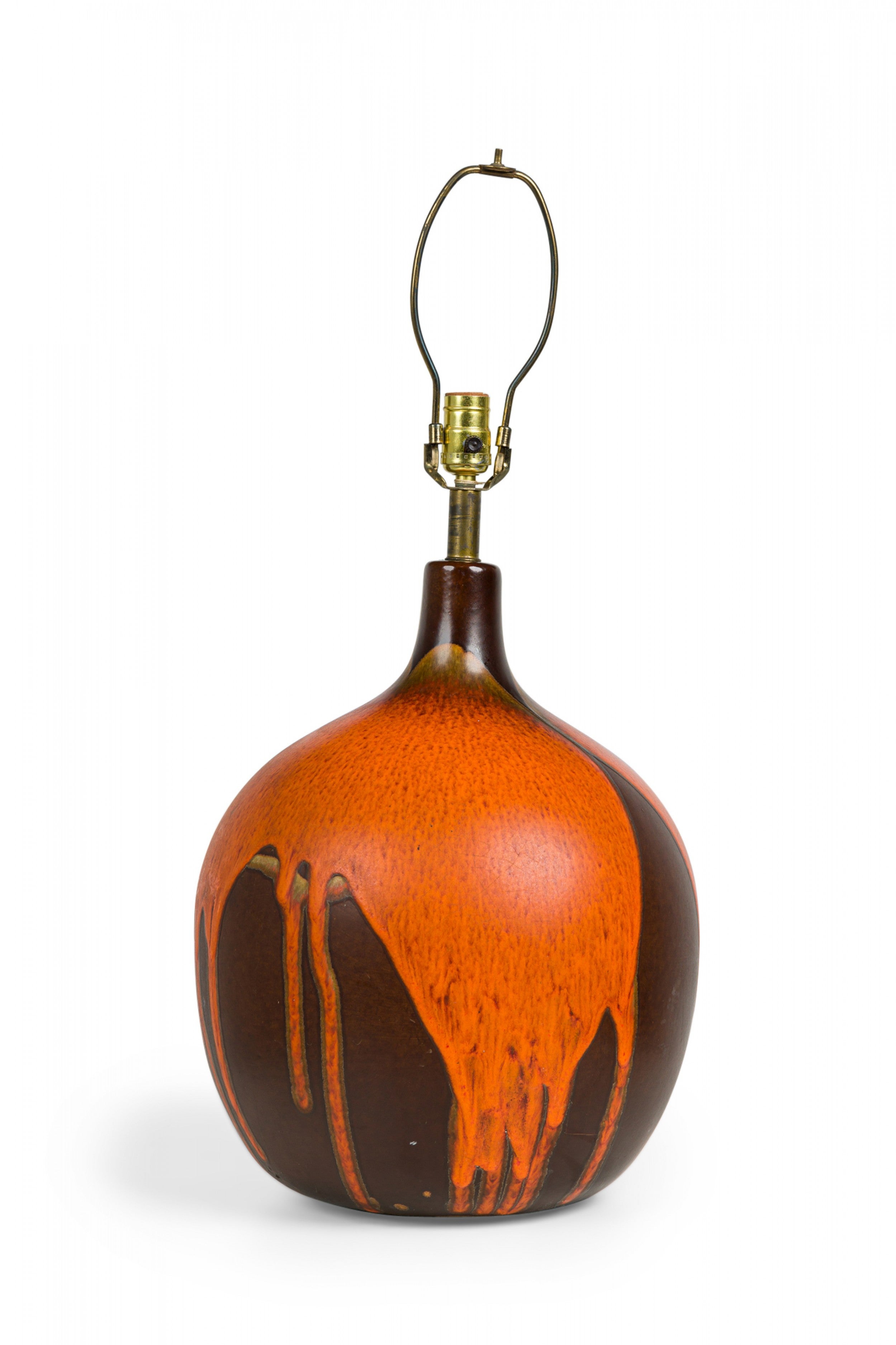 amerikanische Keramik-Tischlampe mit orangefarbener und brauner Tropfglasur aus der Jahrhundertmitte