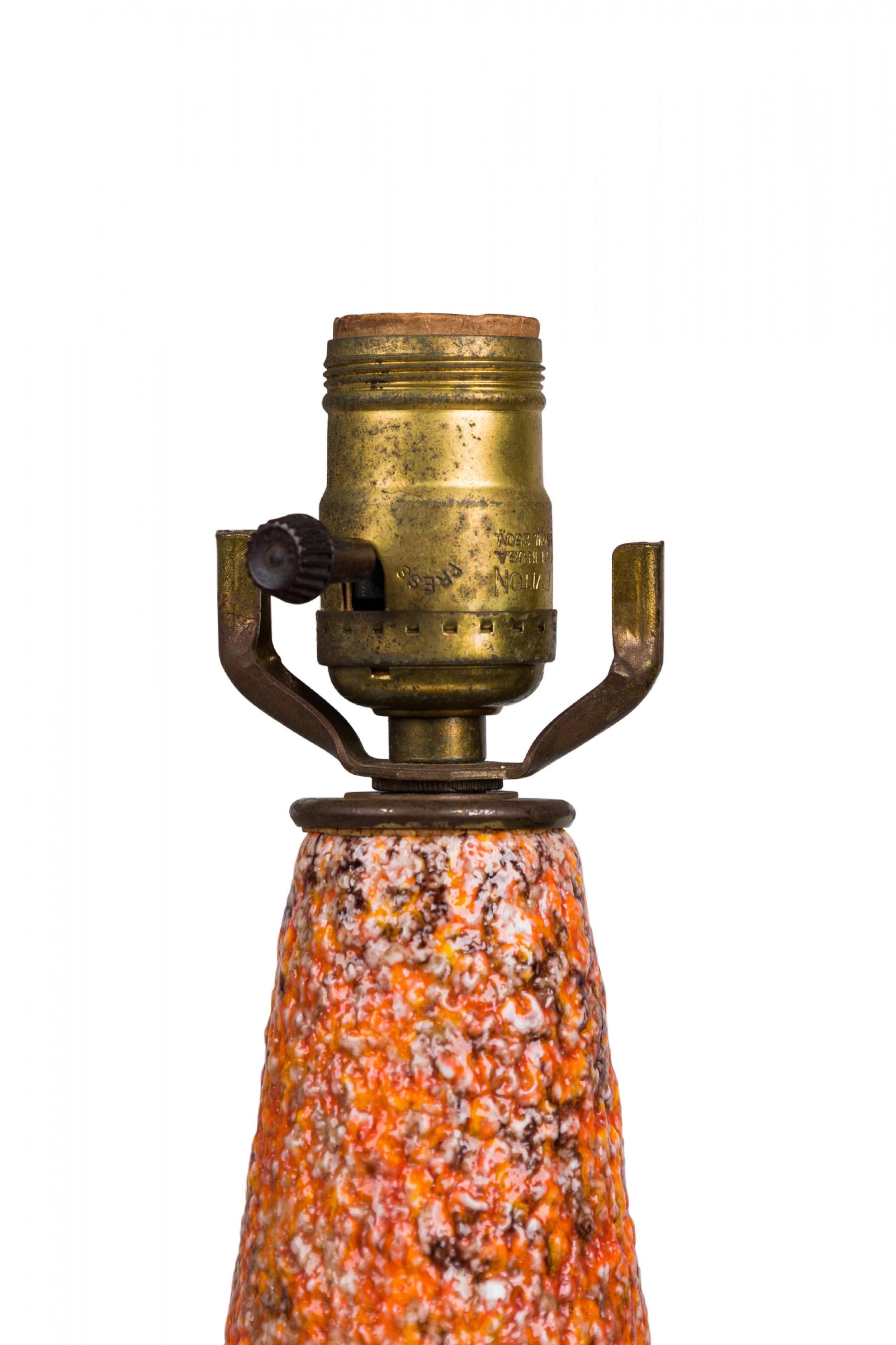 20th Century Mid-Century American Ceramic Orange Lava Glazed Table Lamp on Wood Base For Sale