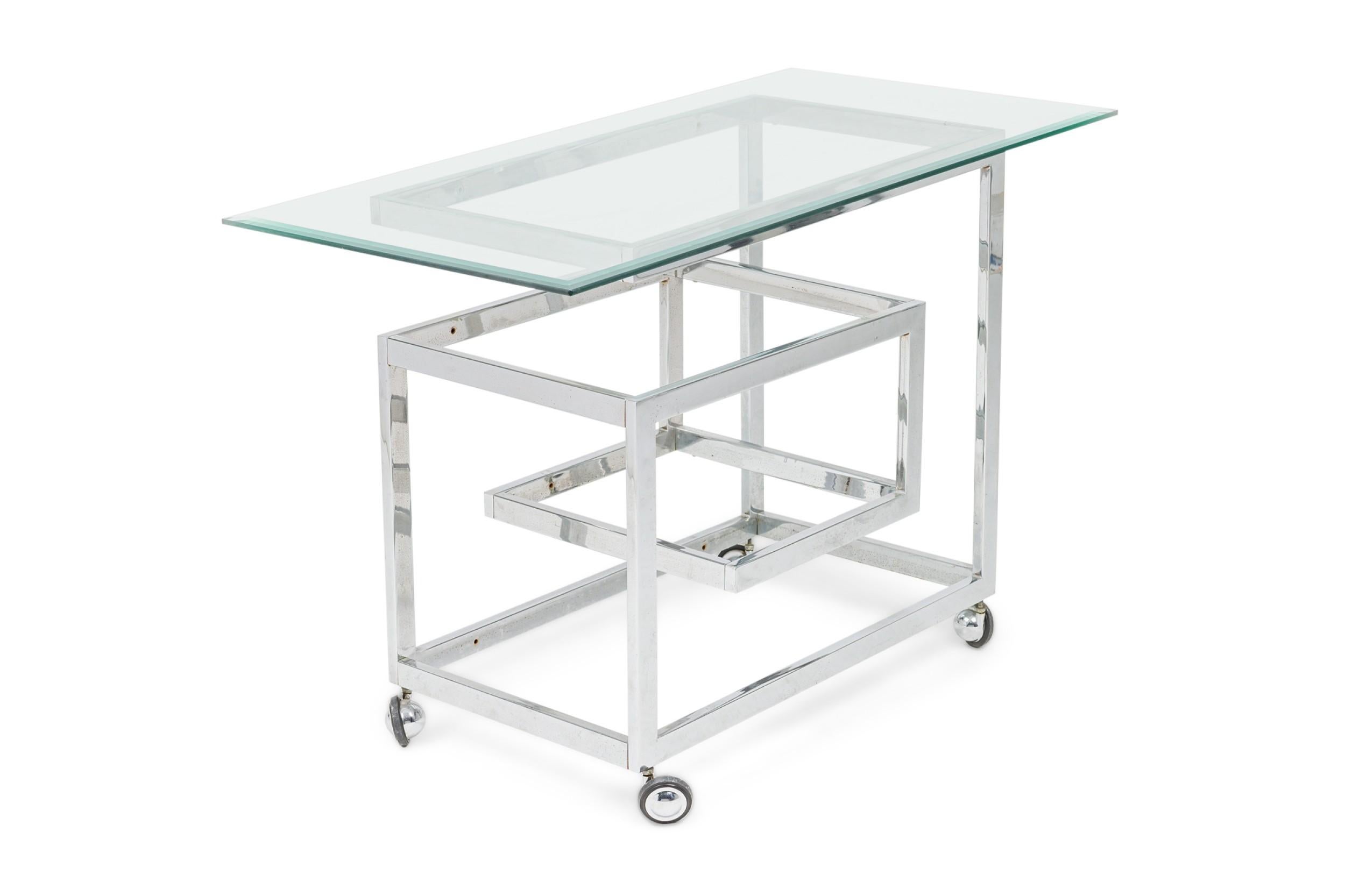 Hand-Crafted Mid-Century American Chrome Rolling Greek Keyfret Bar Cart Frame, Style of Milo For Sale