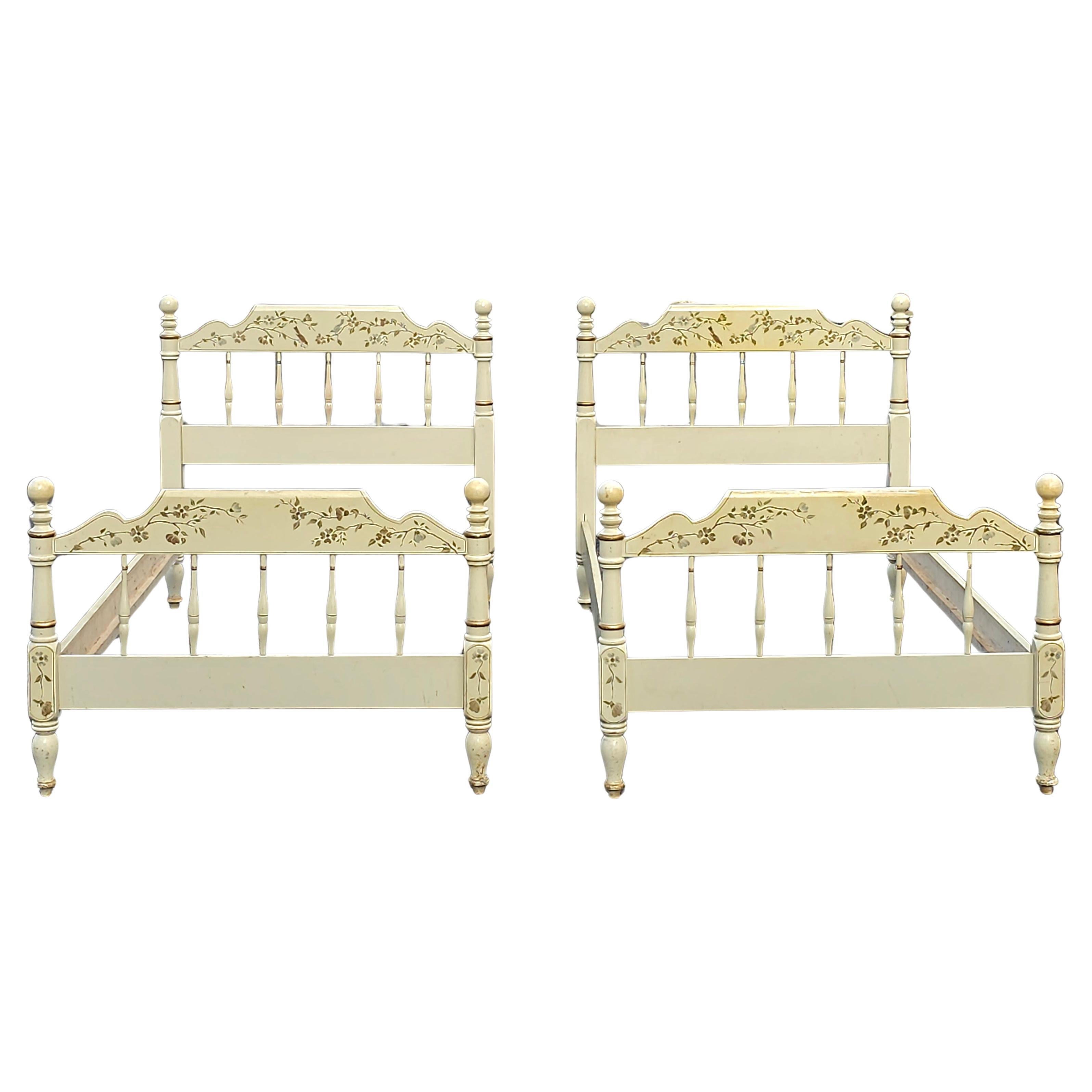 Mid-Century American Classical Cream Painted and Decorated Maple Twin Beds, Pair