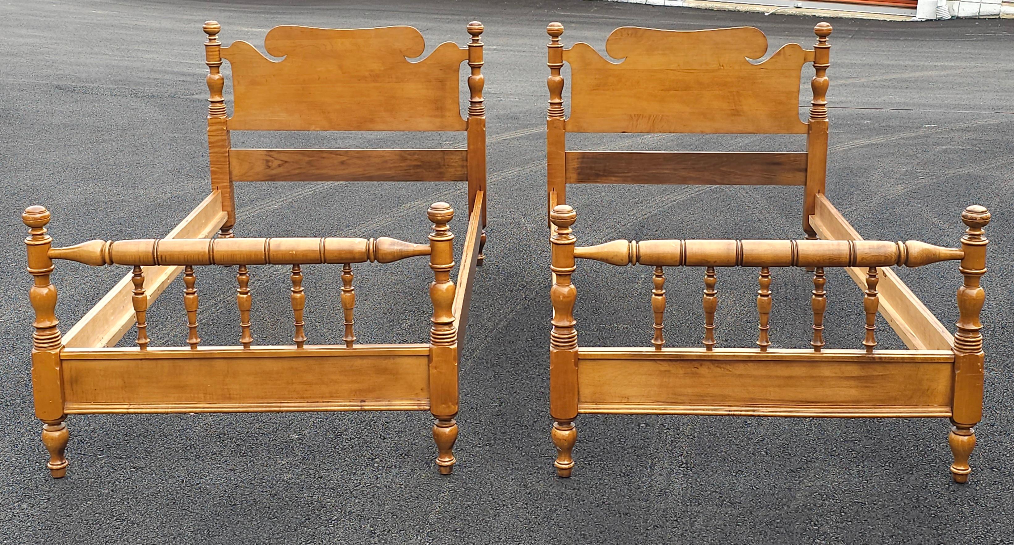Stained Mid-Century American Classical Turned Maple Twin Bedframes, Pair For Sale