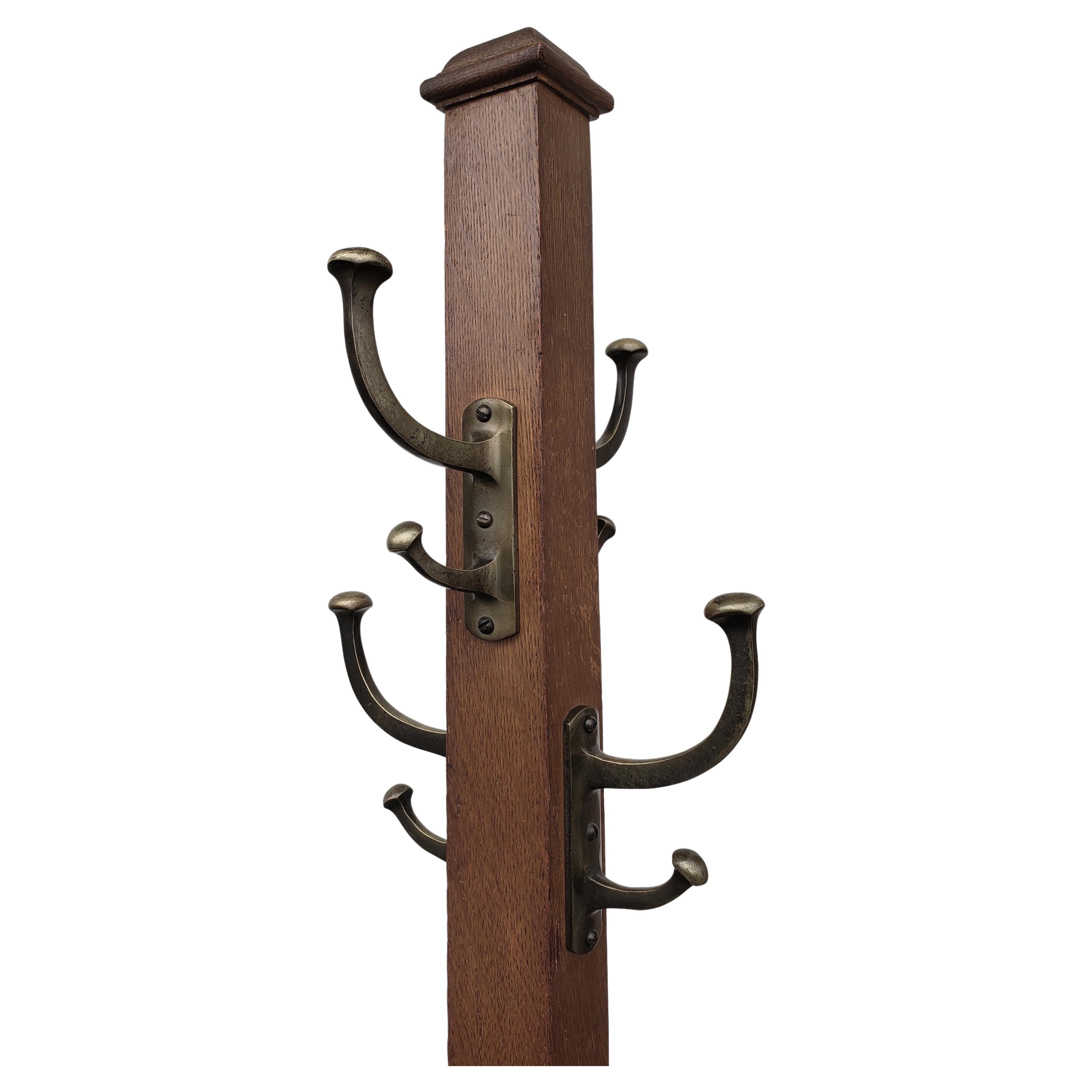 Woodwork Midcentury American Colonial Oak Coats and Hats Hall Tree with Brass Hooks For Sale