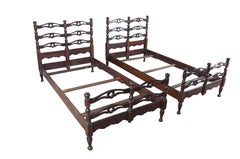 Mid Century American Colonial Style Oak Quatrefoil Riddleback Twin Size Beds