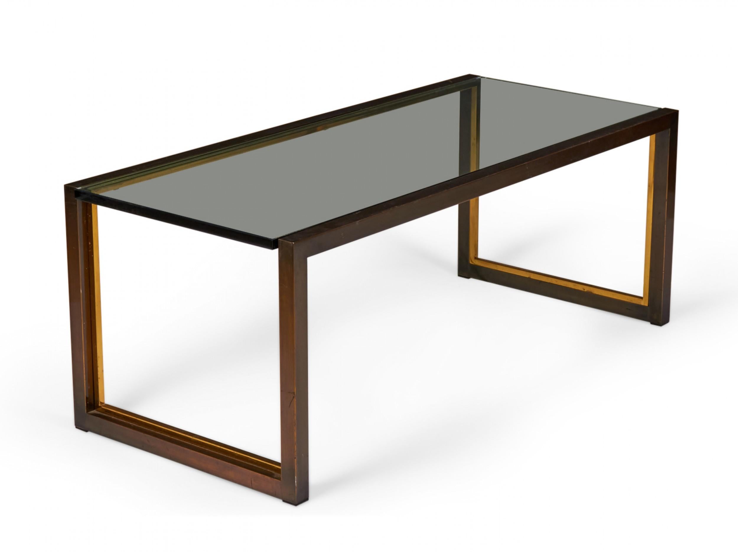 Hand-Crafted Mid-Century American Copper, Brass, and Smoked Glass Coffee / Cocktail Table For Sale