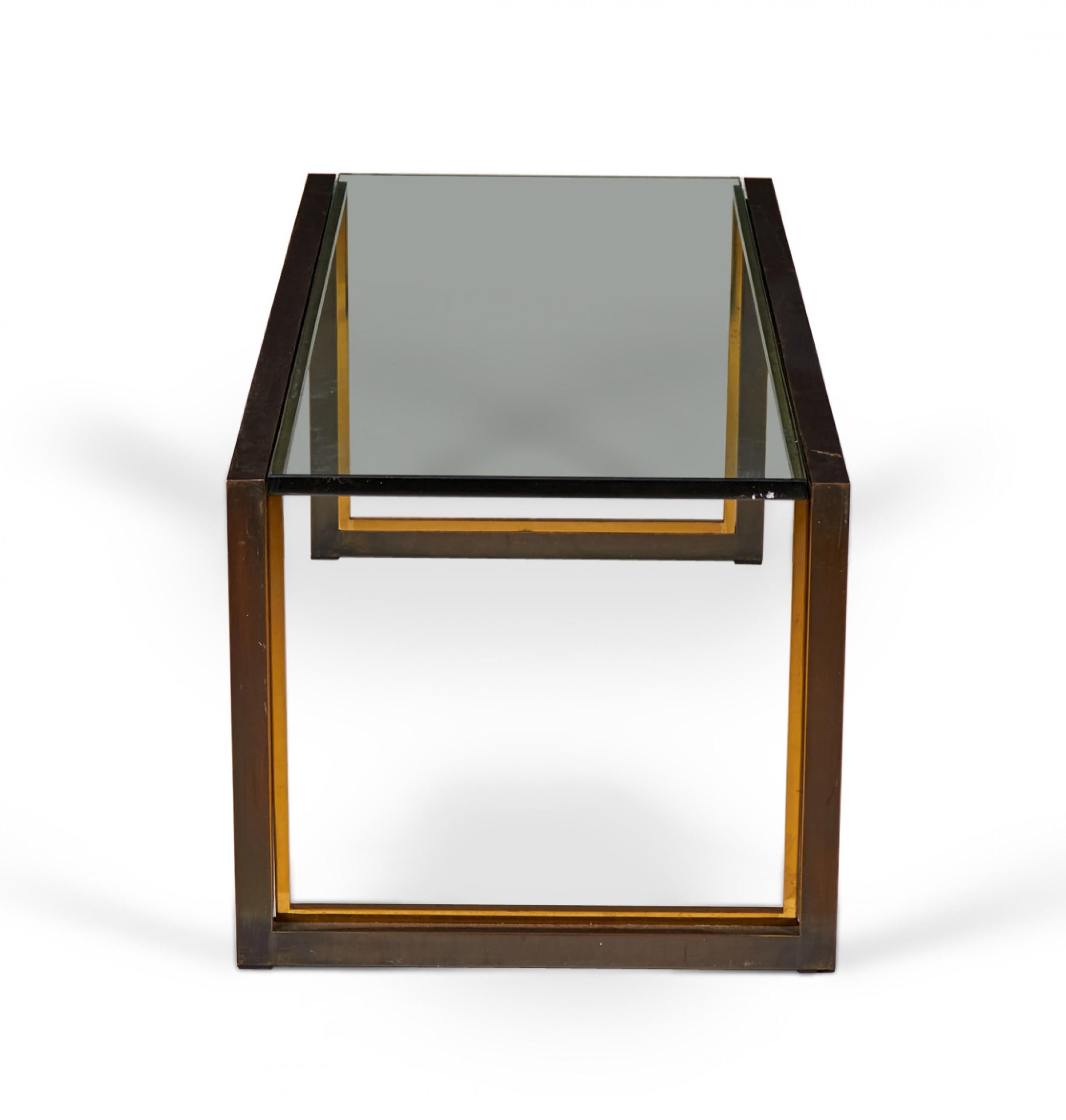 20th Century Mid-Century American Copper, Brass, and Smoked Glass Coffee / Cocktail Table For Sale