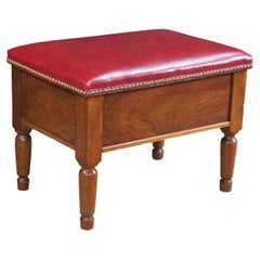 Mid Century American Country Oak Leather Nailhead Reposapiés Otomano Compartimento