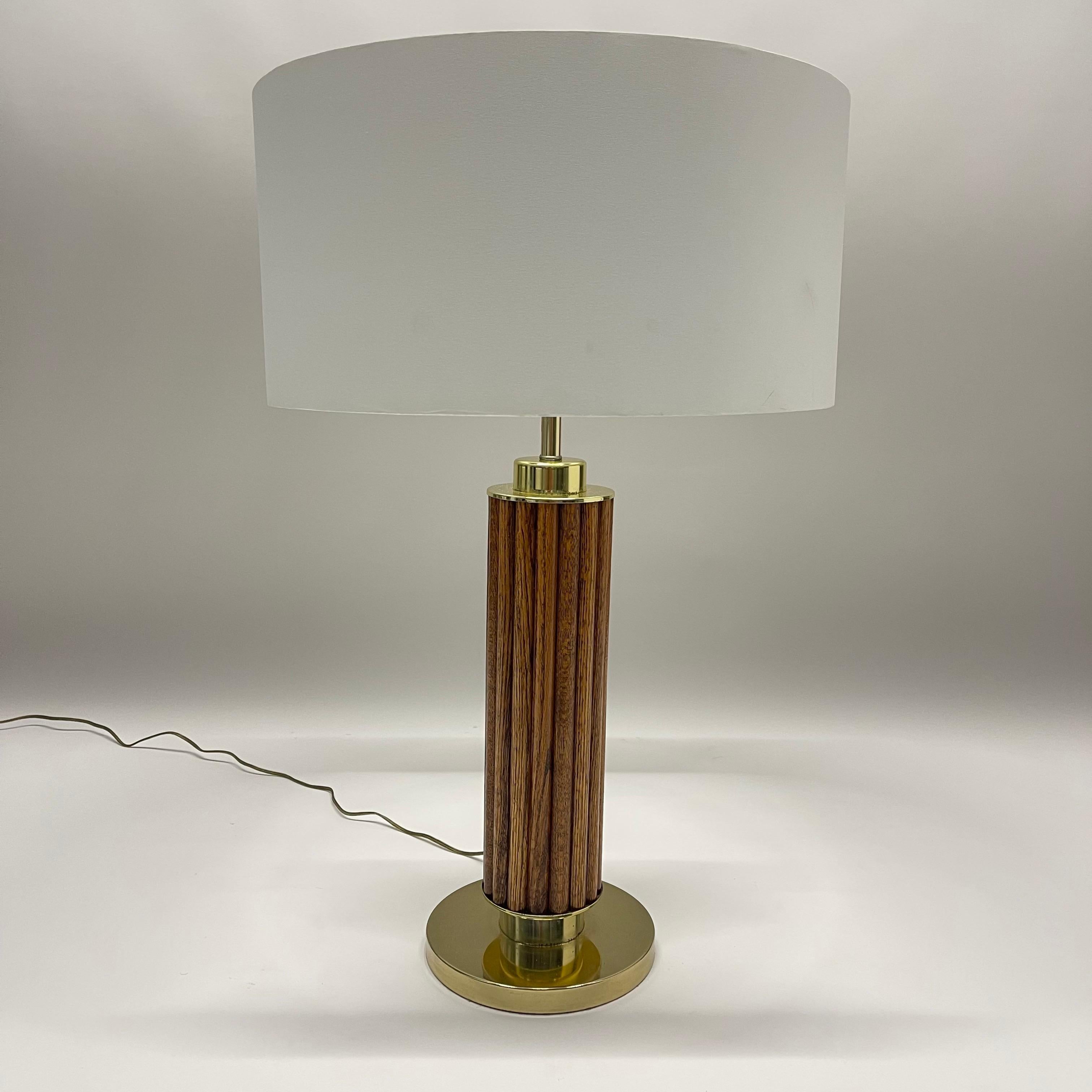 Mid-Century Modern Mid Century American Craft Oak and Brass Reeded Table Lamp, Circa 1970s For Sale