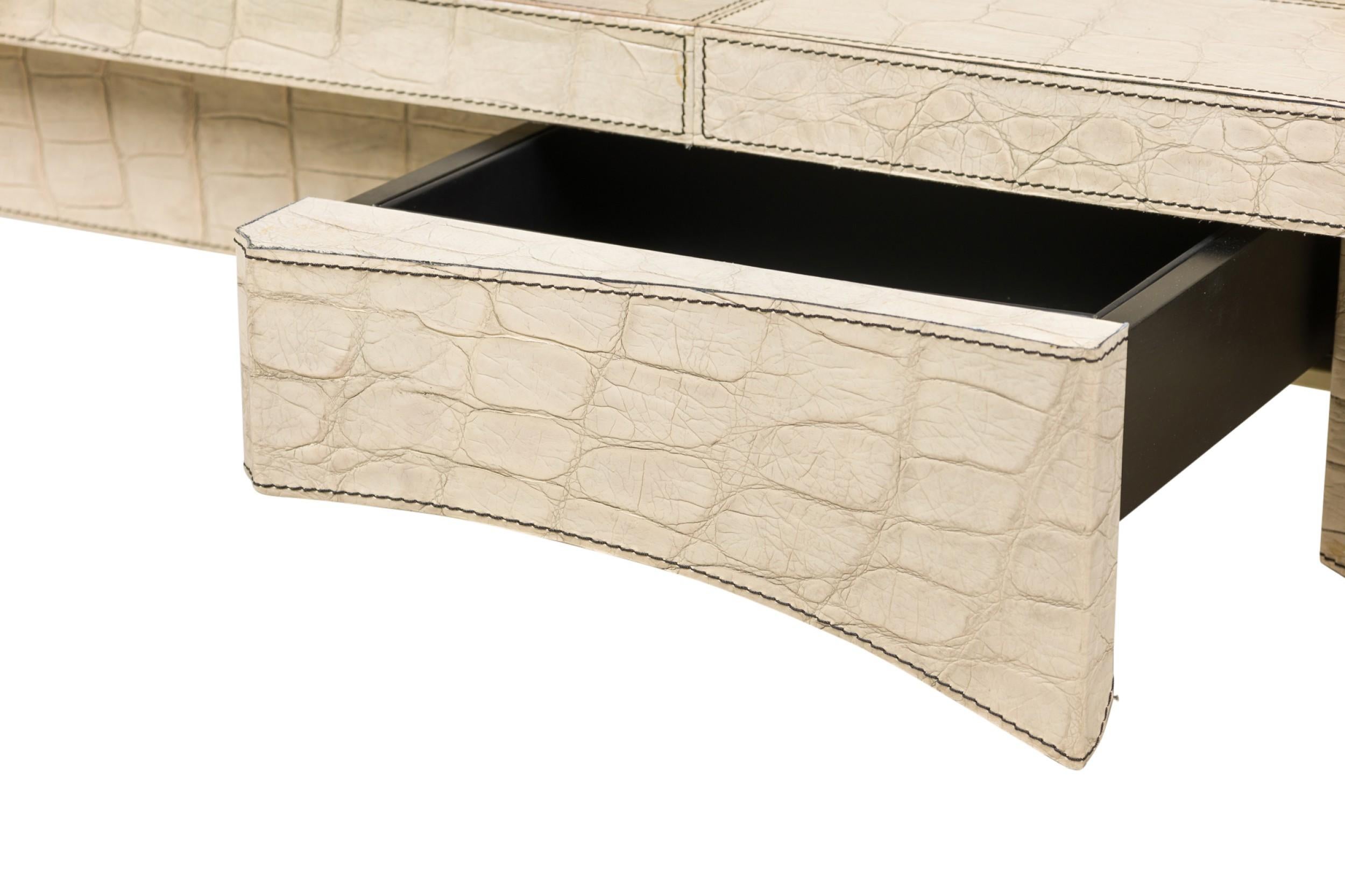 Mid-Century American Embossed Beige Faux Reptile Leather Desk For Sale 8