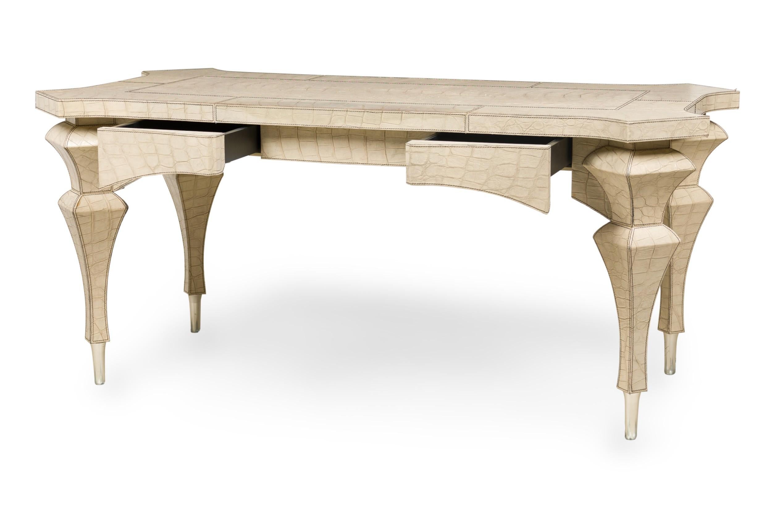 20th Century Mid-Century American Embossed Beige Faux Reptile Leather Desk For Sale