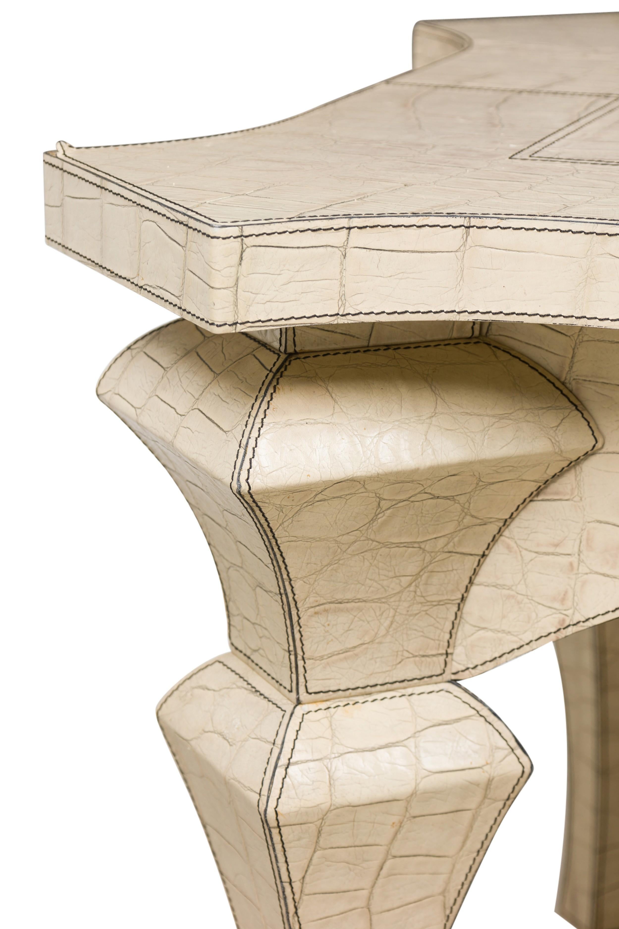 Wood Mid-Century American Embossed Beige Faux Reptile Leather Desk For Sale