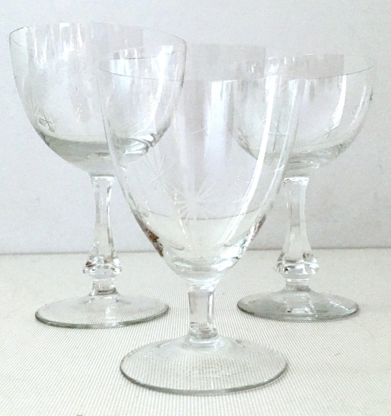 Mid Century American Etched "Starburst" Crystal Stem Glasses S/20 For