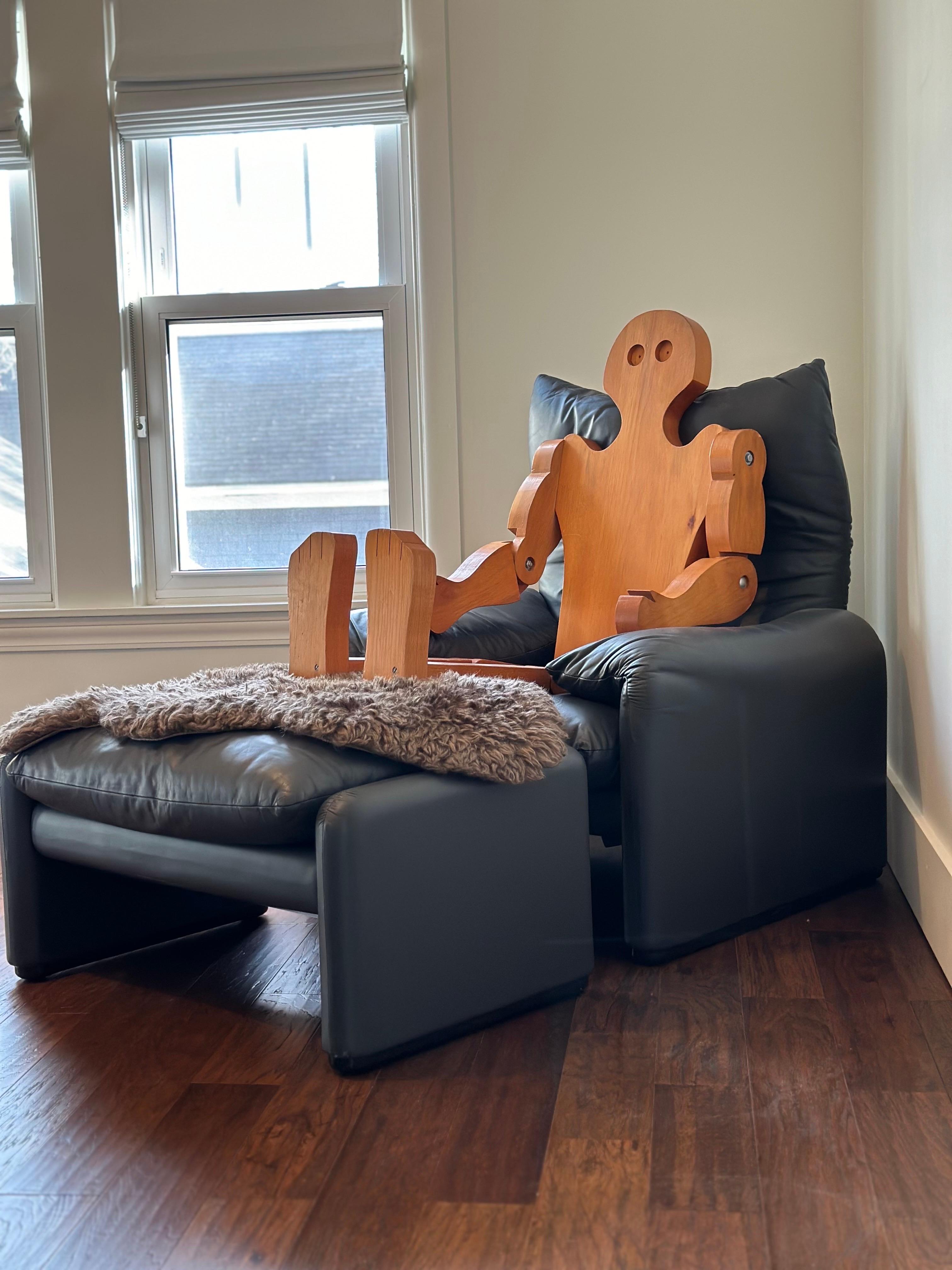 We are very pleased to offer a Folk Art wooden articulated man, circa the 1950s.  This nearly 5-foot tall, handcrafted piece, epitomizing Mid-century American craftsmanship, is made entirely from wood.  It boasts articulated and posable joints,