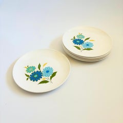 Mid Century American Ironstone Blue Flower Dinner Plates - Set of 6