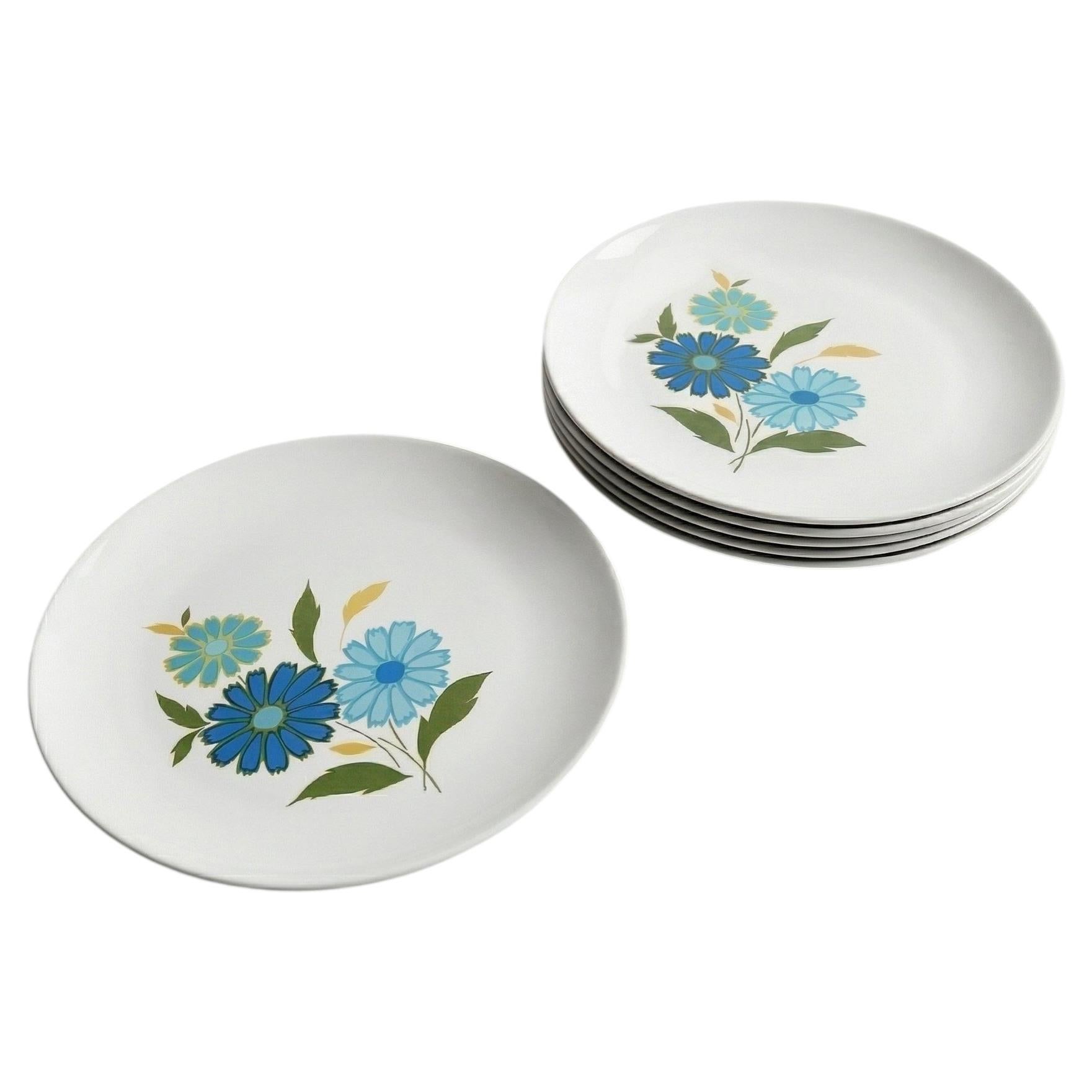 Mid Century American Ironstone Blue Flower Dinner Plates - Set of 6