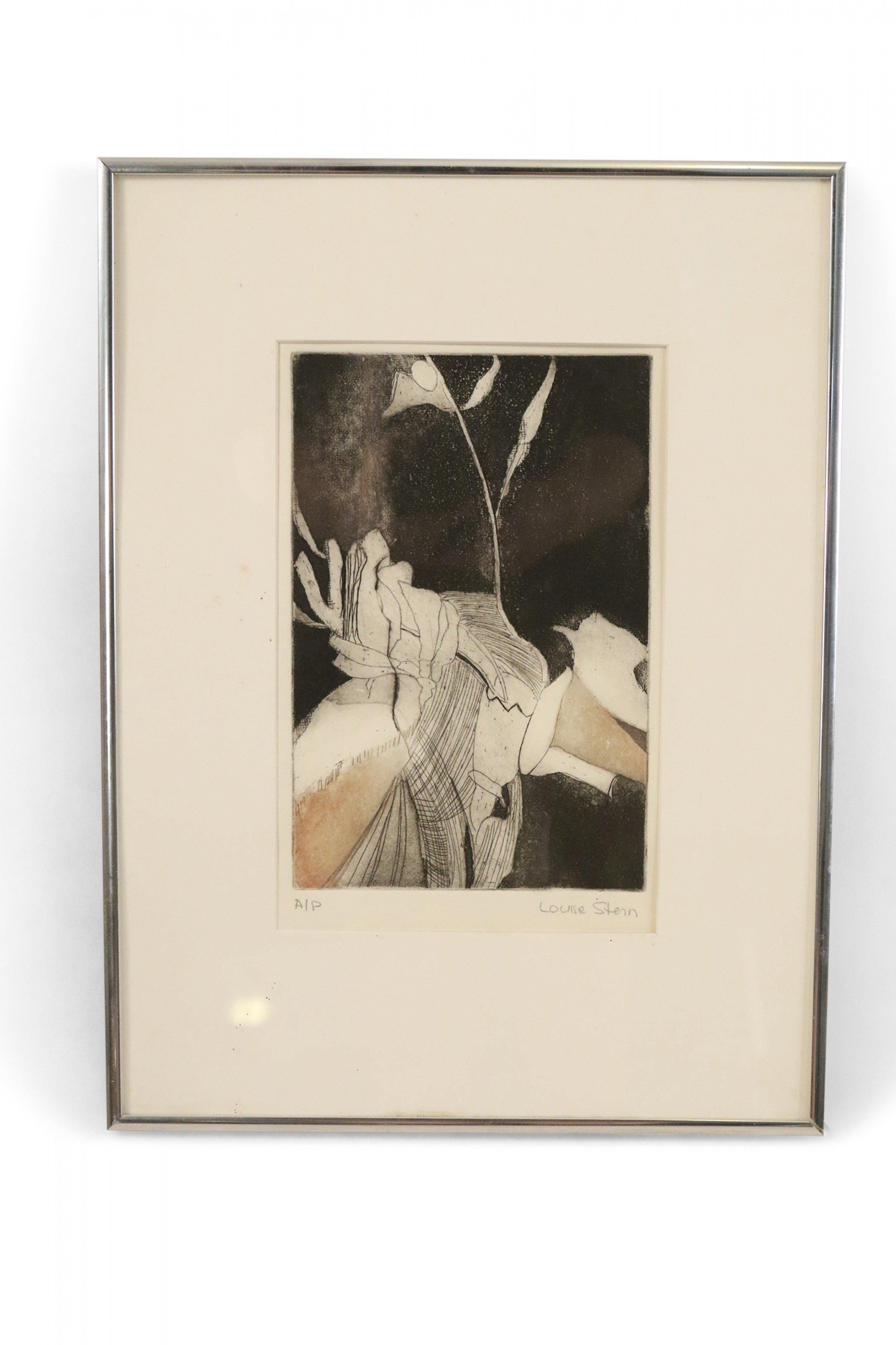 Mid-Century American Louise Stern Black and Beige Abstract Etching in Silver In Good Condition For Sale In Queens, NY