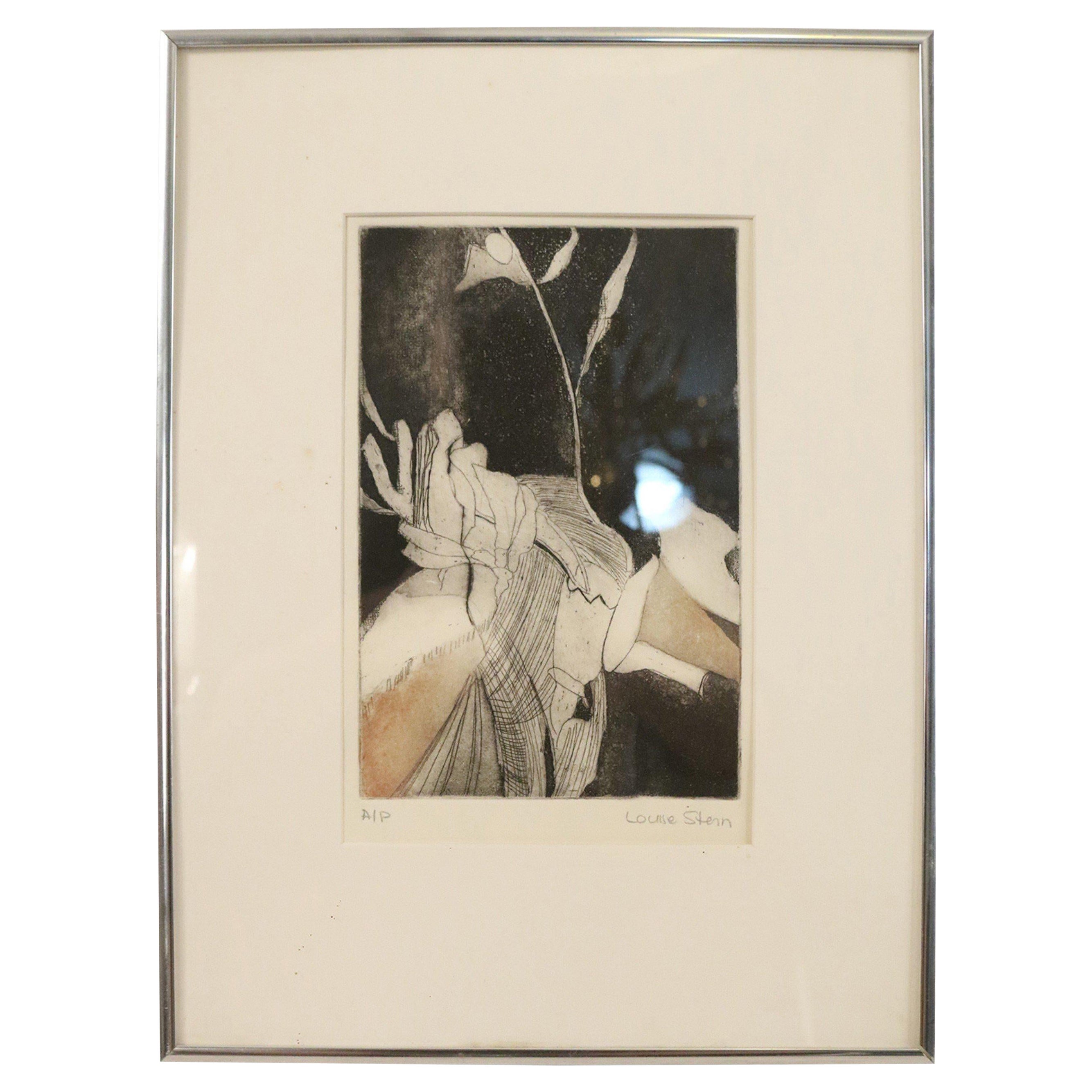 Mid-Century American Louise Stern Black and Beige Abstract Etching in Silver
