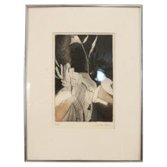 Mid-Century American Louise Stern Black and Beige Abstract Etching in Silver