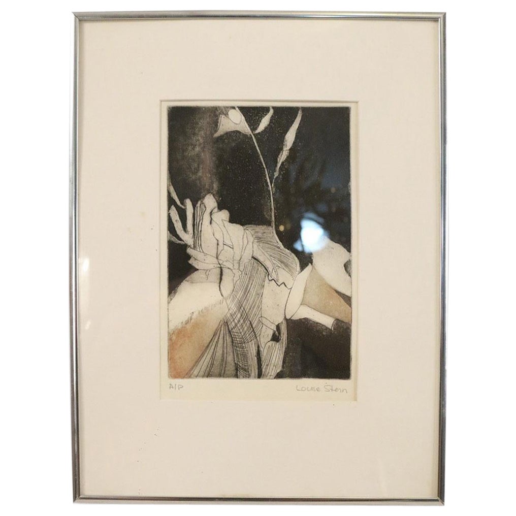 Mid-Century American Louise Stern Black and Beige Abstract Etching in Silver Fra For Sale