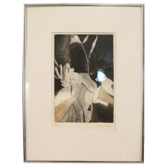 Mid-Century American Louise Stern Black and Beige Abstract Etching in Silver Fra