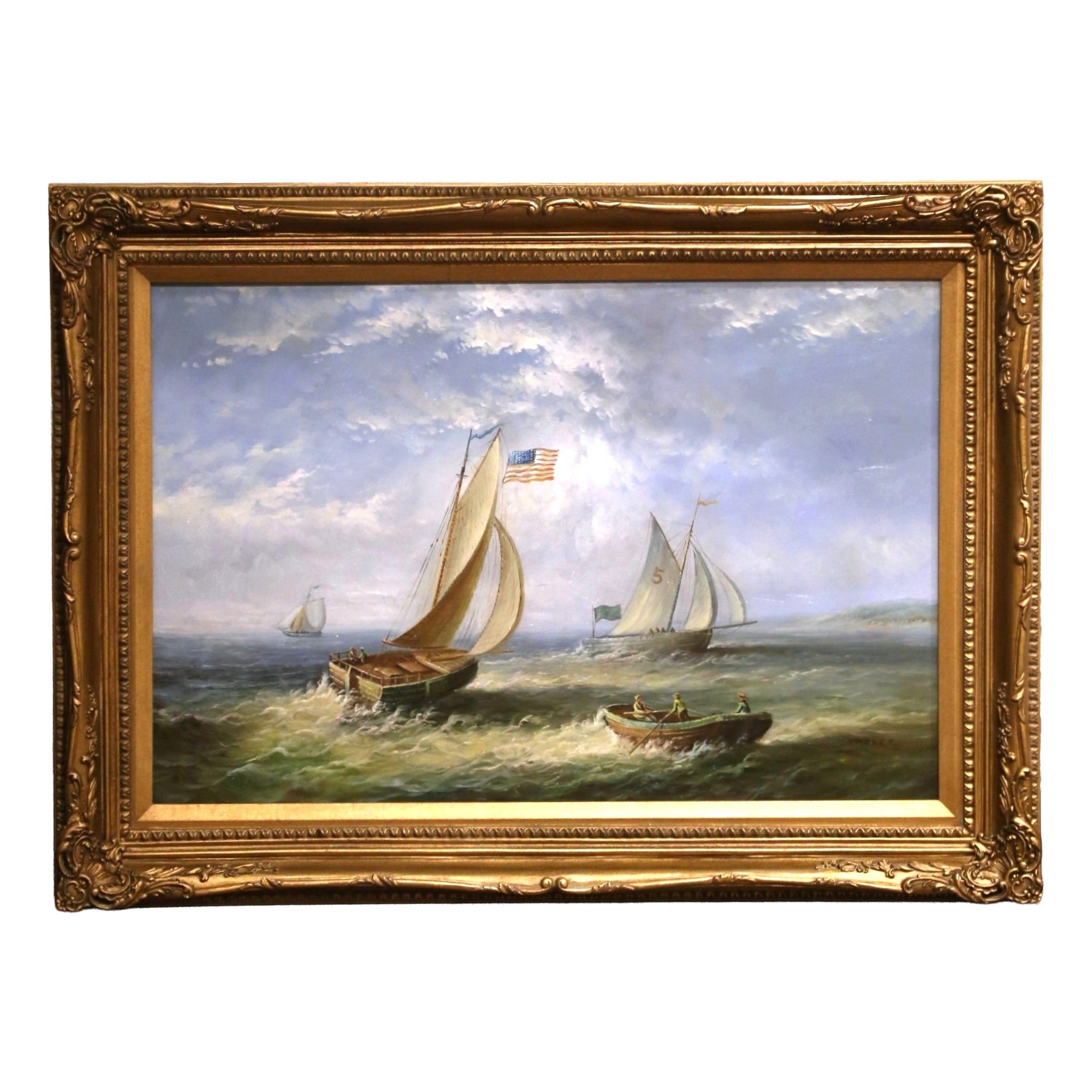 Peinture à l'huile américaine de la mi-siècle représentant des voiliers, signée C. Parker
