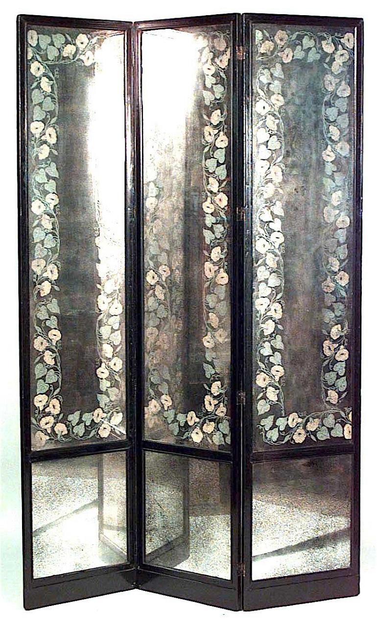 20th Century Mid-Century American Mirrored 3-Fold Screen with Lacquered Frame For Sale