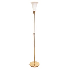 Mid-Century American Modern Brass and Frosted Glass Torchiere Mid-Century American Modern Brass and Frosted Glass Torchiere