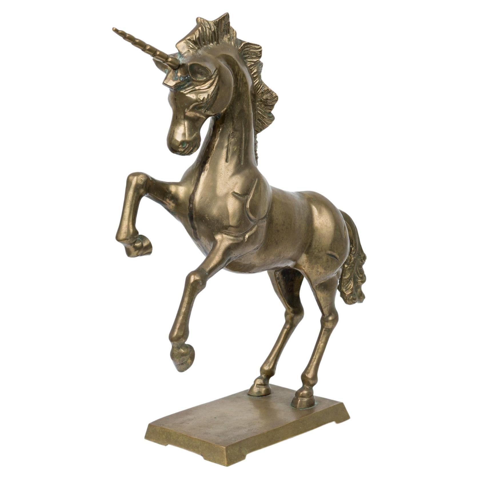 Midcentury American Modern Brass Unicorn Sculpture on Square Base For Sale