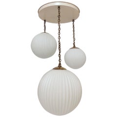 Midcentury American Modern Ribbed Glass Pendant Chandelier, circa 1950s