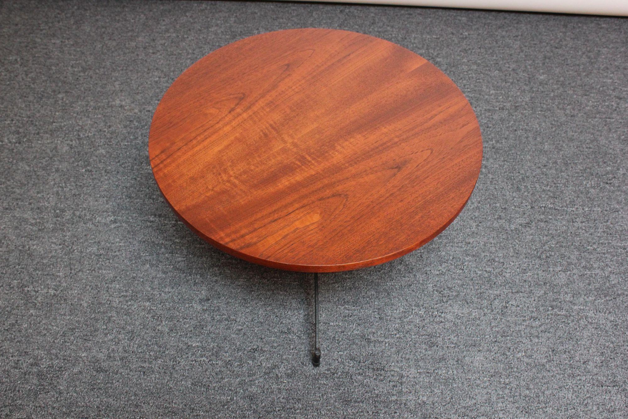 Wrought Iron Mid-Century American Modern Round Walnut and Iron Tripod Accent Table