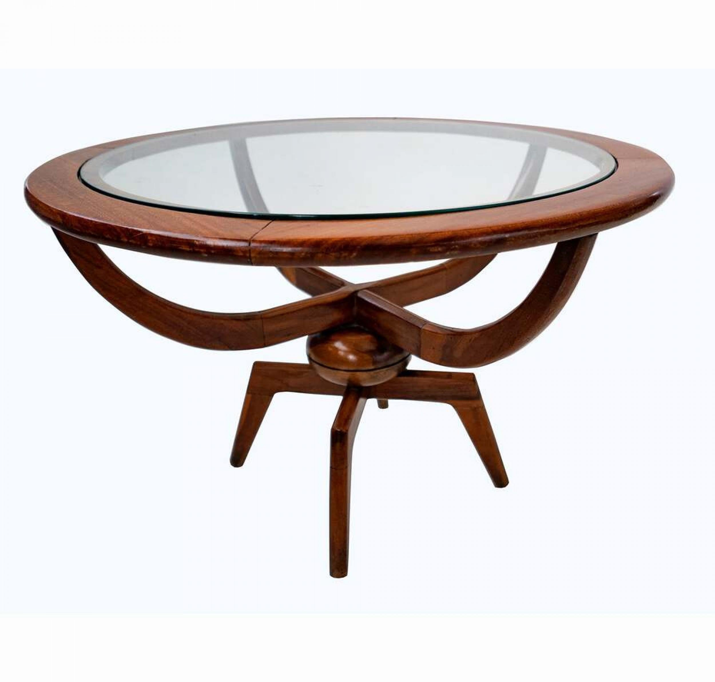 Midcentury American Modern circular wood and glass coffee table.
