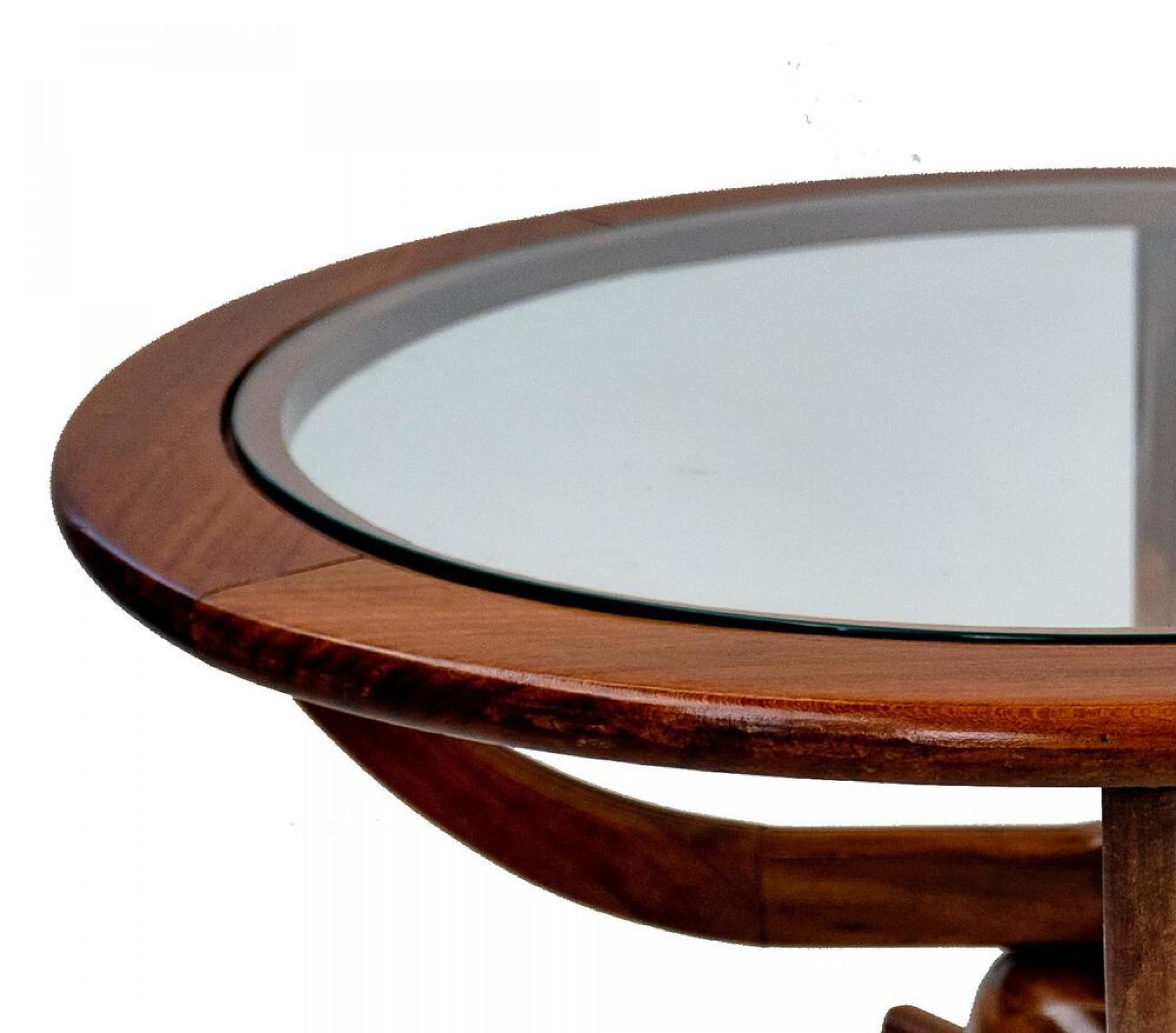 Midcentury American Modern Round Wood & Glass Coffee Table In Good Condition For Sale In New York, NY